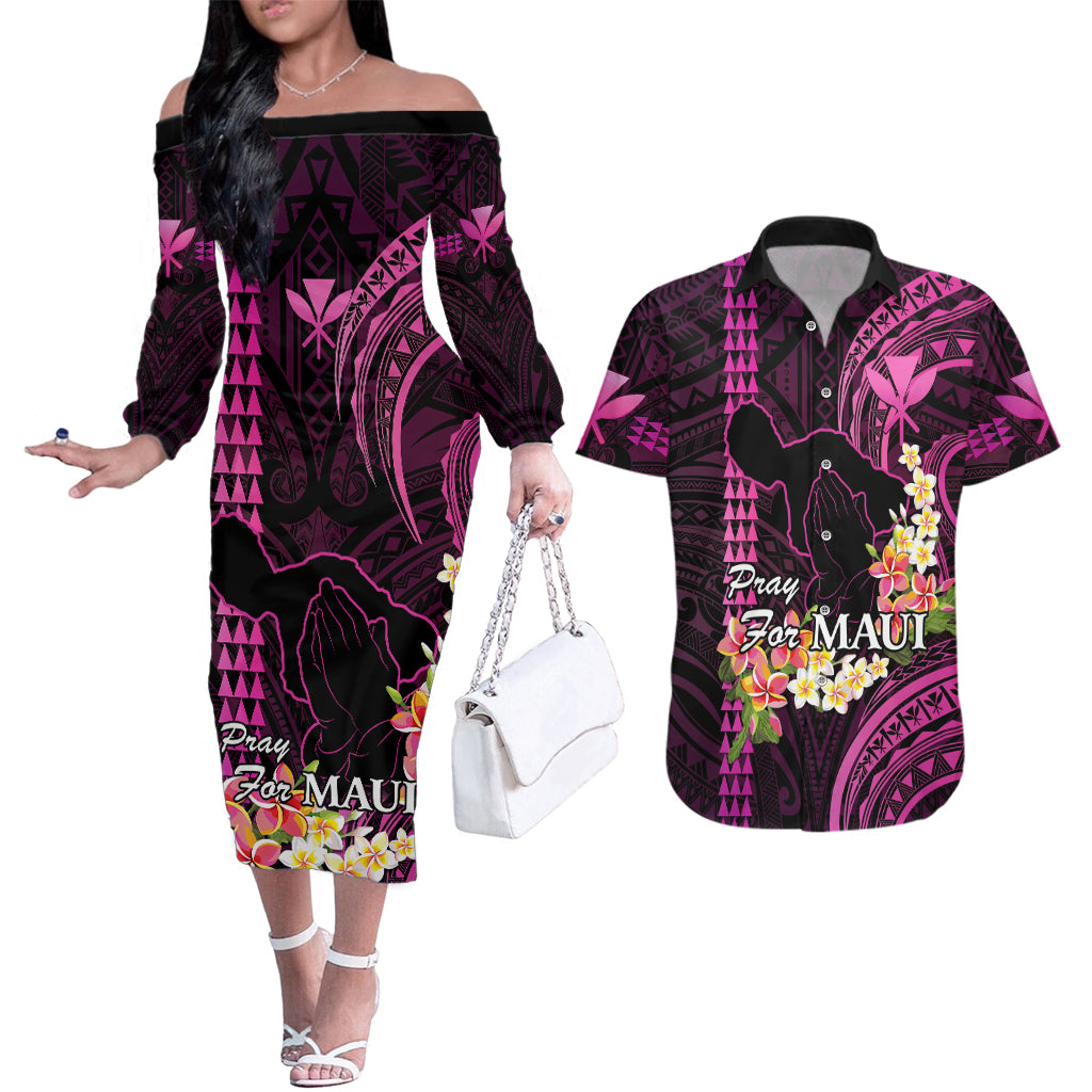 Hawaii Couples Matching Off The Shoulder Long Sleeve Dress and Hawaiian Shirt Pray For Maui Hawaiian Plumeria Be Strong Pink Verison LT14 Pink - Polynesian Pride