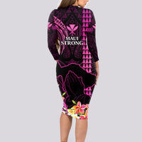 Hawaii Long Sleeve Bodycon Dress Pray For Maui Hawaiian Plumeria Be Strong Pink Verison LT14 - Polynesian Pride