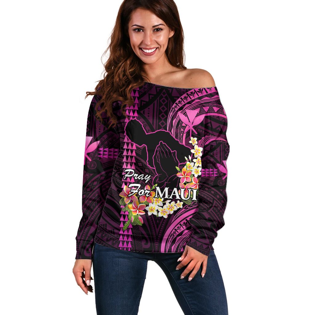 Hawaii Off Shoulder Sweater Pray For Maui Hawaiian Plumeria Be Strong Pink Verison LT14 Women Pink - Polynesian Pride