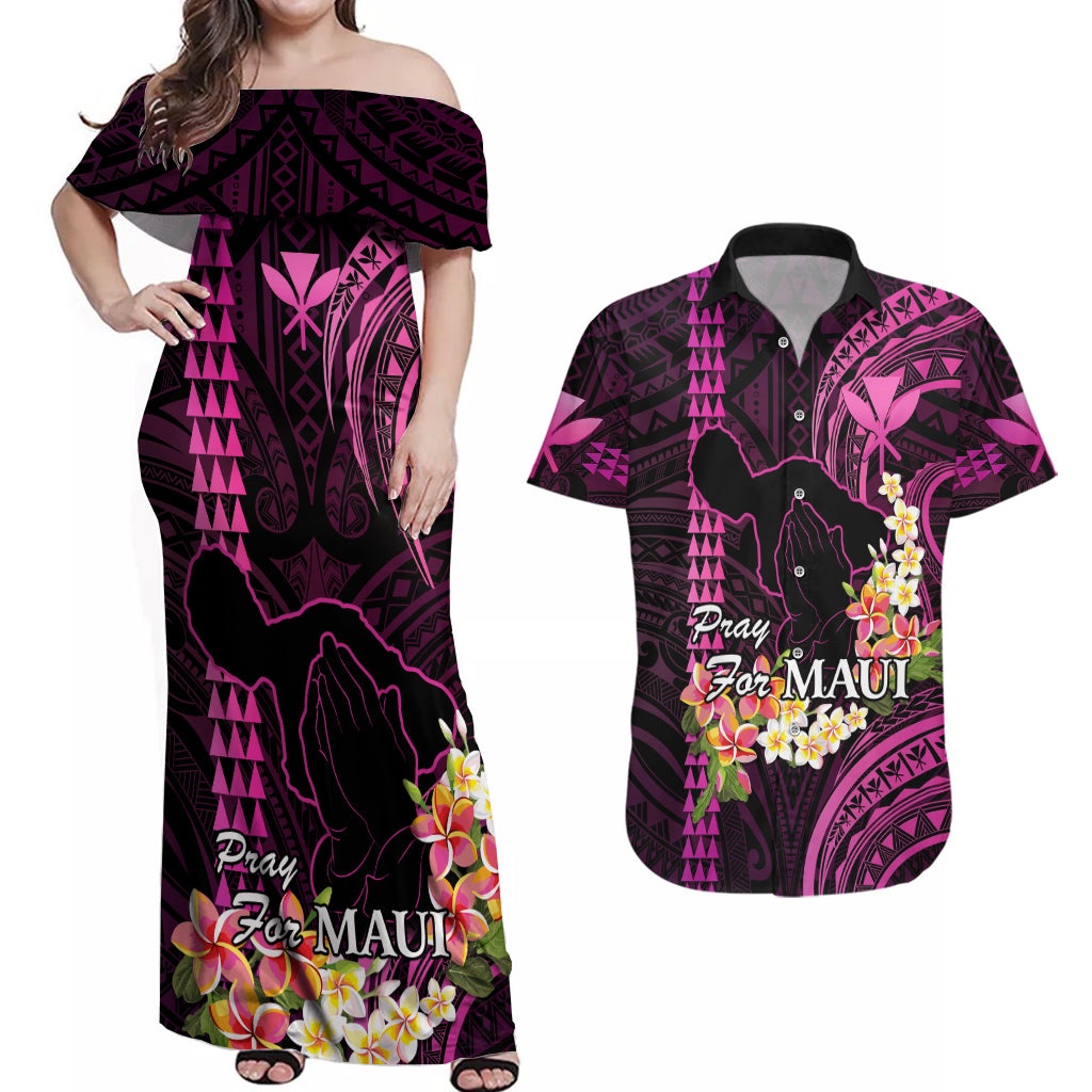 Personalised Hawaii Couples Matching Off Shoulder Maxi Dress and Hawaiian Shirt Pray For Maui Hawaiian Plumeria Be Strong Pink Verison LT14 Pink - Polynesian Pride