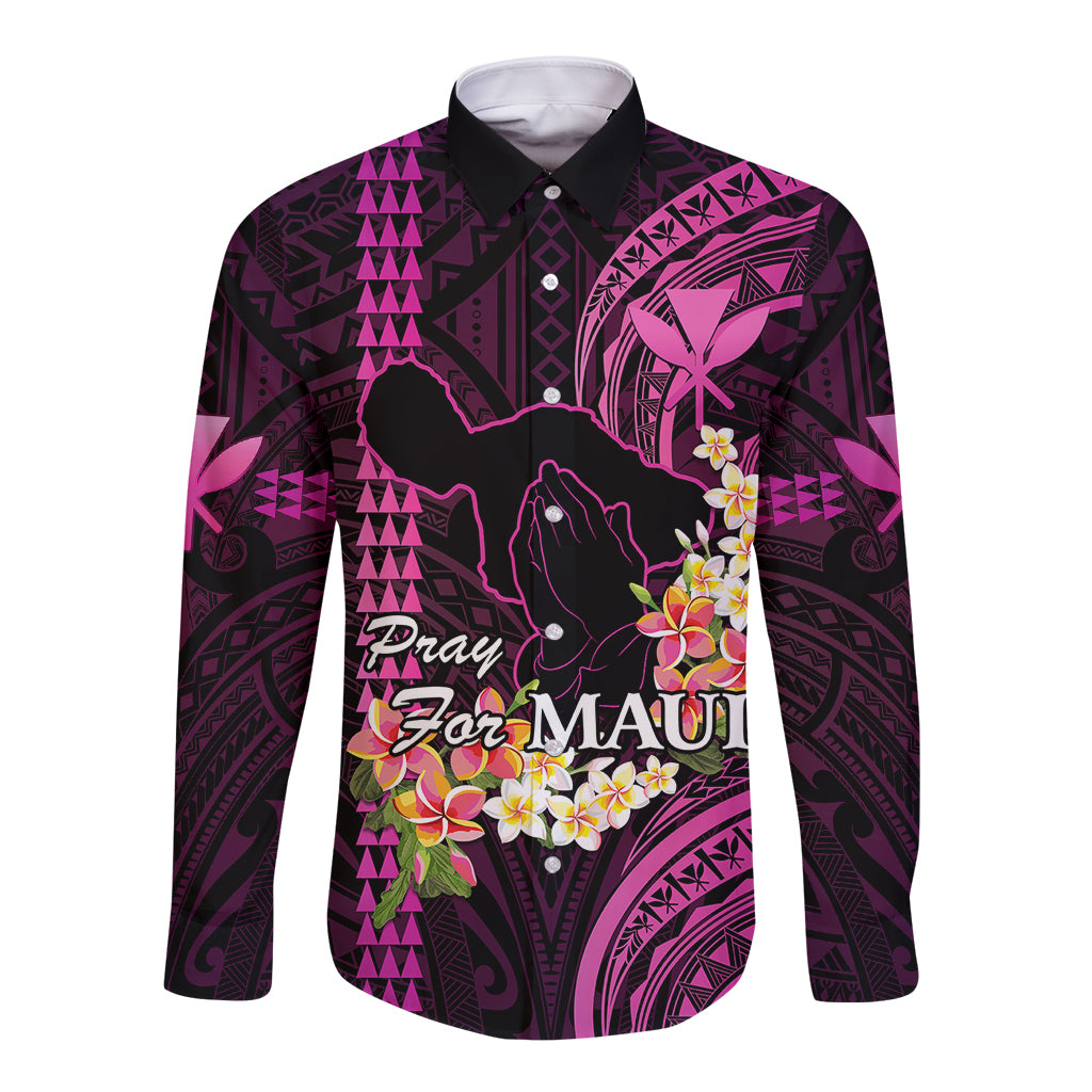 Personalised Hawaii Long Sleeve Button Shirt Pray For Maui Hawaiian Plumeria Be Strong Pink Verison LT14 Unisex Pink - Polynesian Pride
