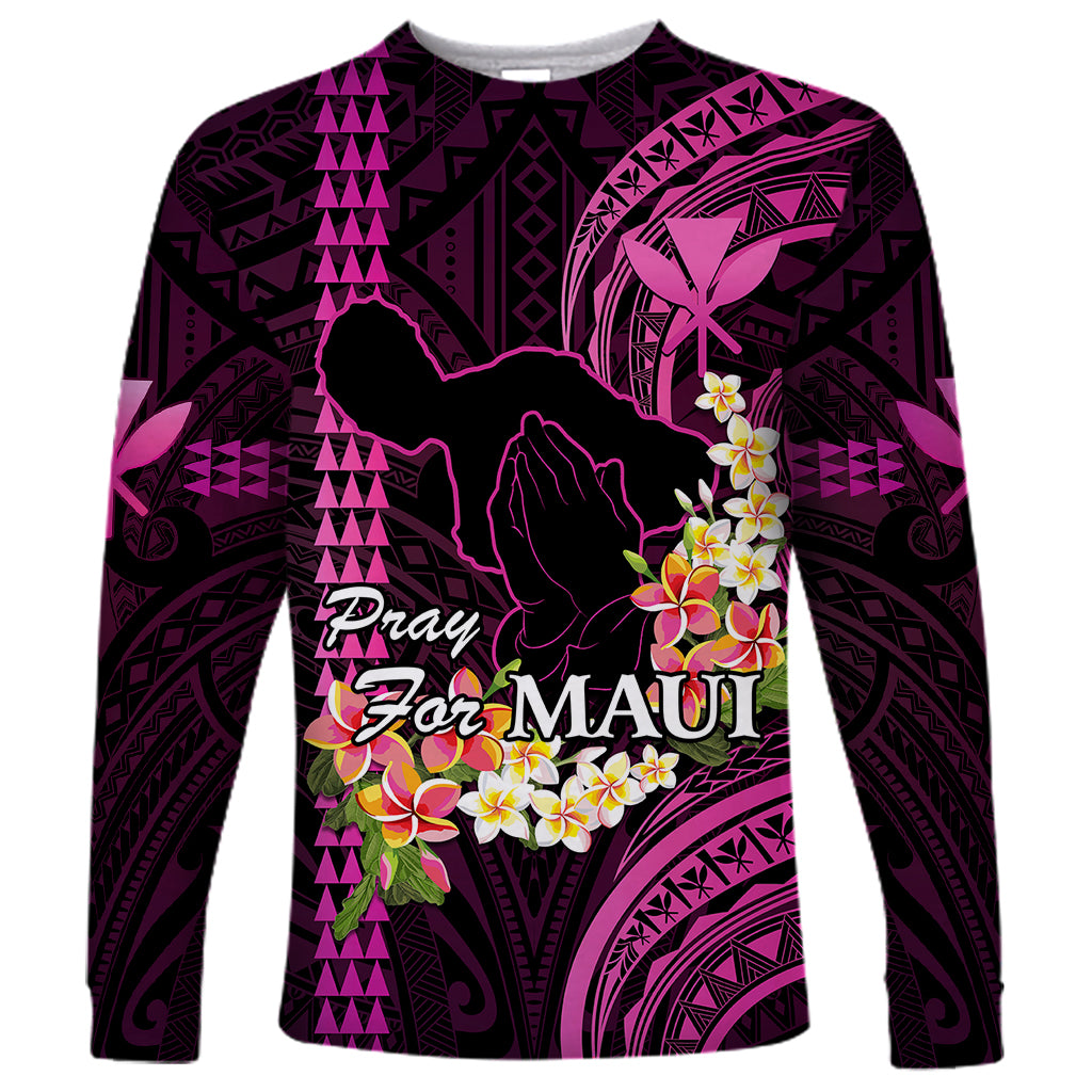 Personalised Hawaii Long Sleeve Shirt Pray For Maui Hawaiian Plumeria Be Strong Pink Verison LT14 Unisex Pink - Polynesian Pride