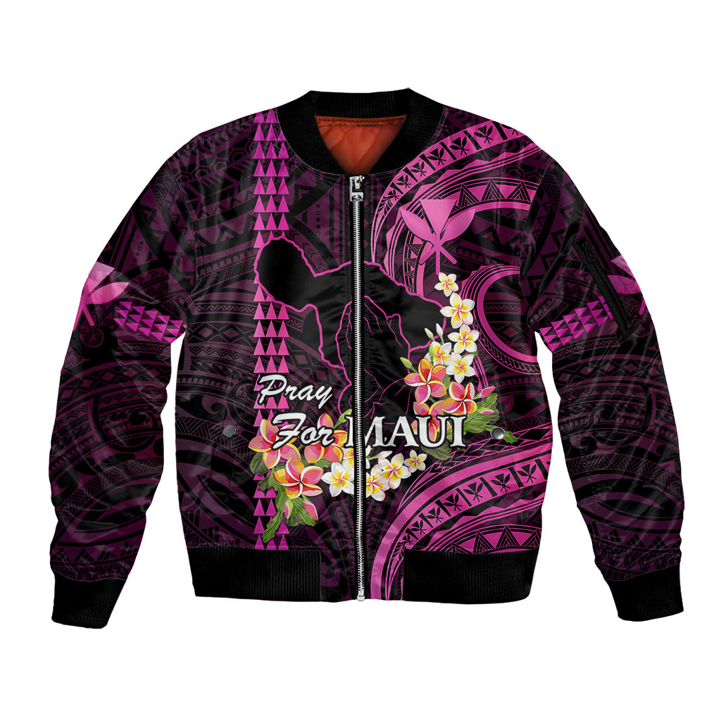 Personalised Hawaii Sleeve Zip Bomber Jacket Pray For Maui Hawaiian Plumeria Be Strong Pink Verison LT14 Unisex Pink - Polynesian Pride