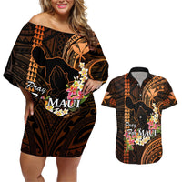 Personalised Hawaii Couples Matching Off Shoulder Short Dress and Hawaiian Shirt Pray For Maui Hawaiian Plumeria Be Strong Gold Verison LT14 Gold - Polynesian Pride