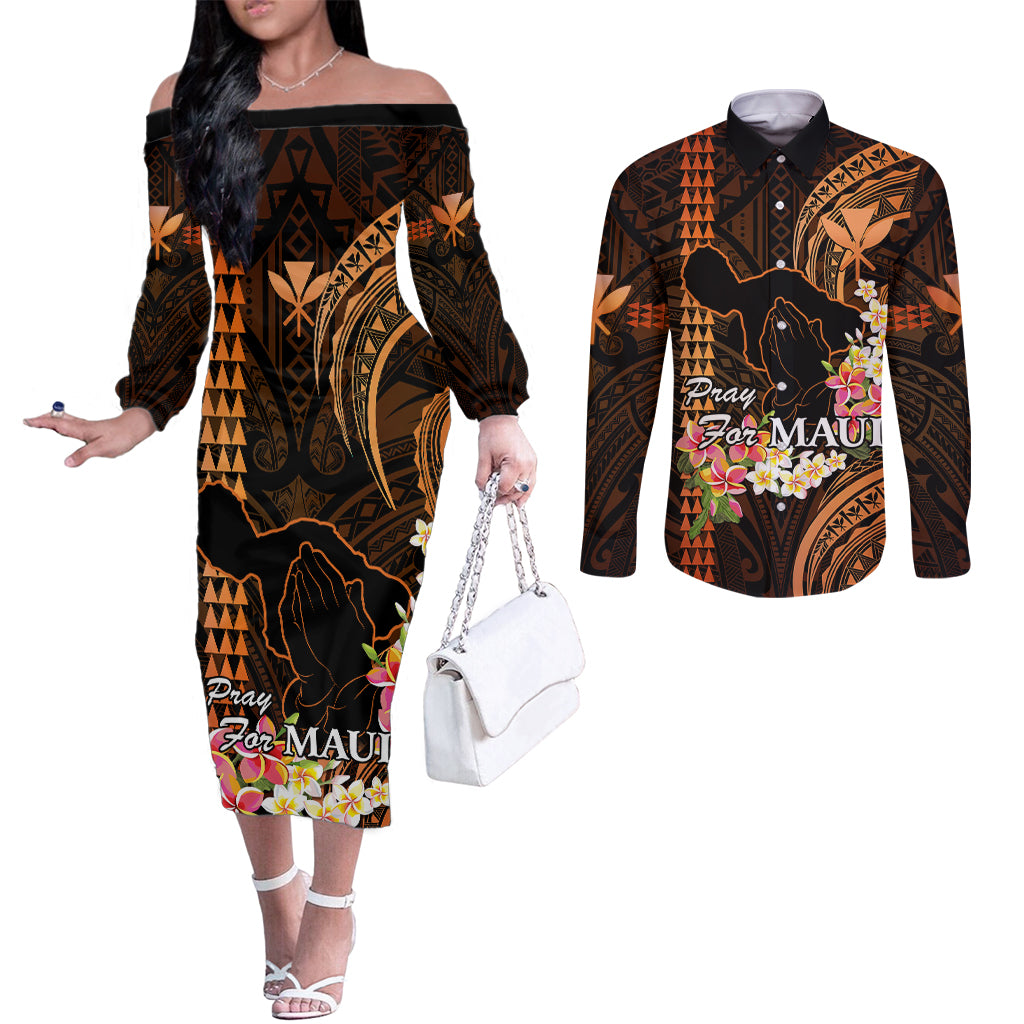 Personalised Hawaii Couples Matching Off The Shoulder Long Sleeve Dress and Long Sleeve Button Shirts Pray For Maui Hawaiian Plumeria Be Strong Gold Verison LT14 Gold - Polynesian Pride