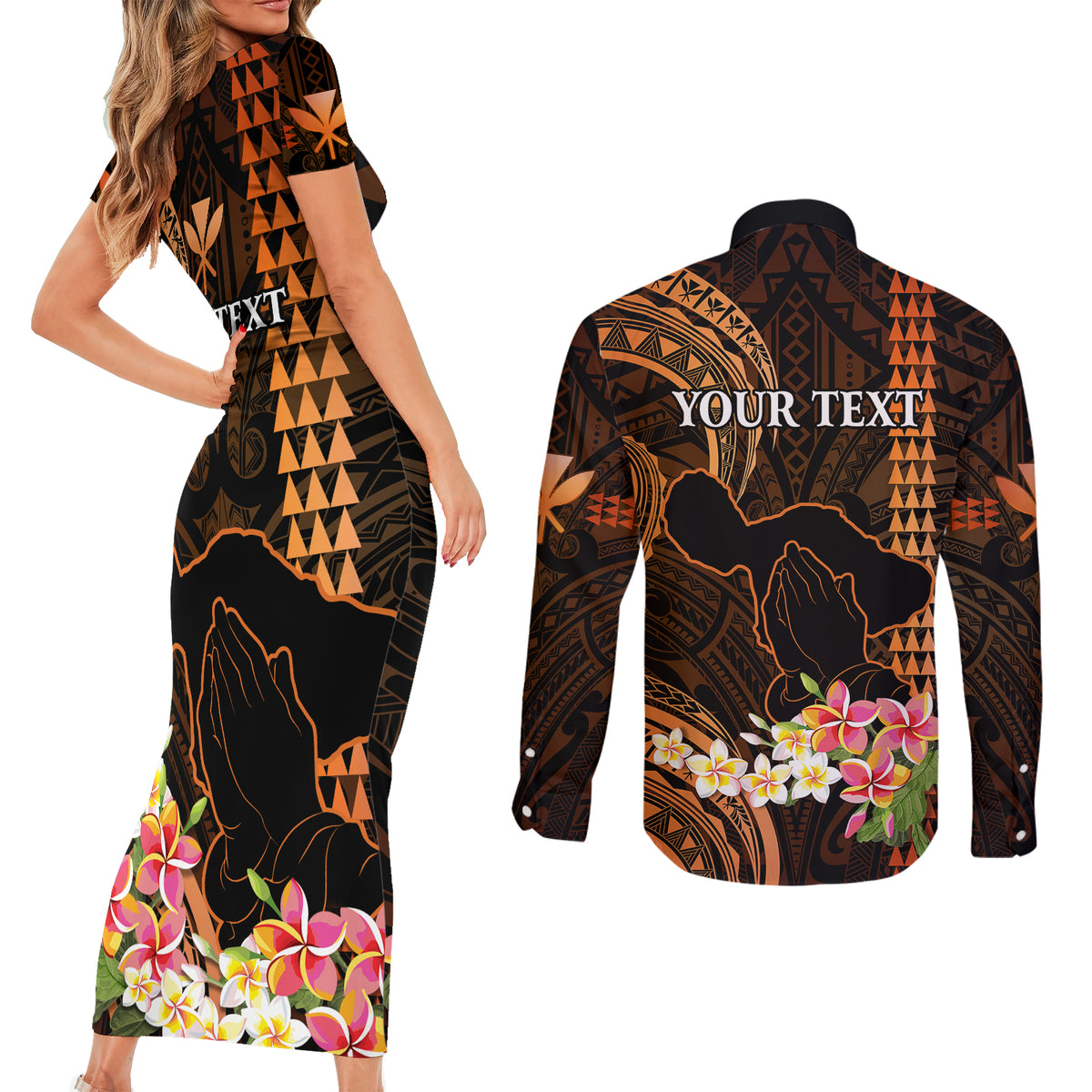 Personalised Hawaii Couples Matching Short Sleeve Bodycon Dress and Long Sleeve Button Shirts Pray For Maui Hawaiian Plumeria Be Strong Gold Verison LT14 - Polynesian Pride