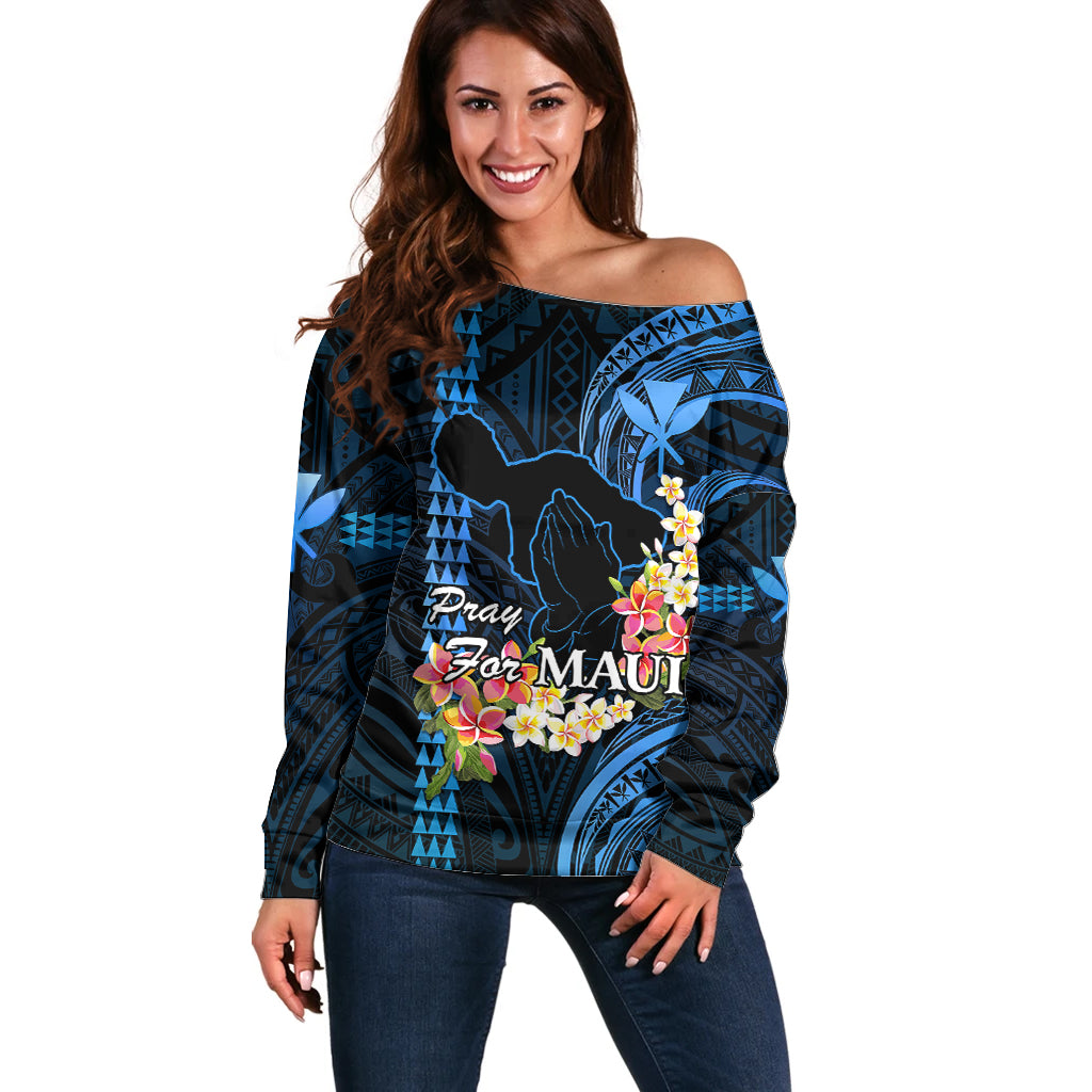 Hawaii Off Shoulder Sweater Pray For Maui Hawaiian Plumeria Be Strong Blue Verison LT14 Women Blue - Polynesian Pride