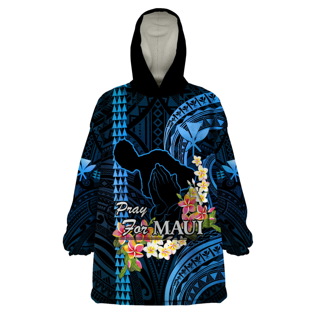 Hawaii Wearable Blanket Hoodie Pray For Maui Hawaiian Plumeria Be Strong Blue Verison LT14 One Size Blue - Polynesian Pride