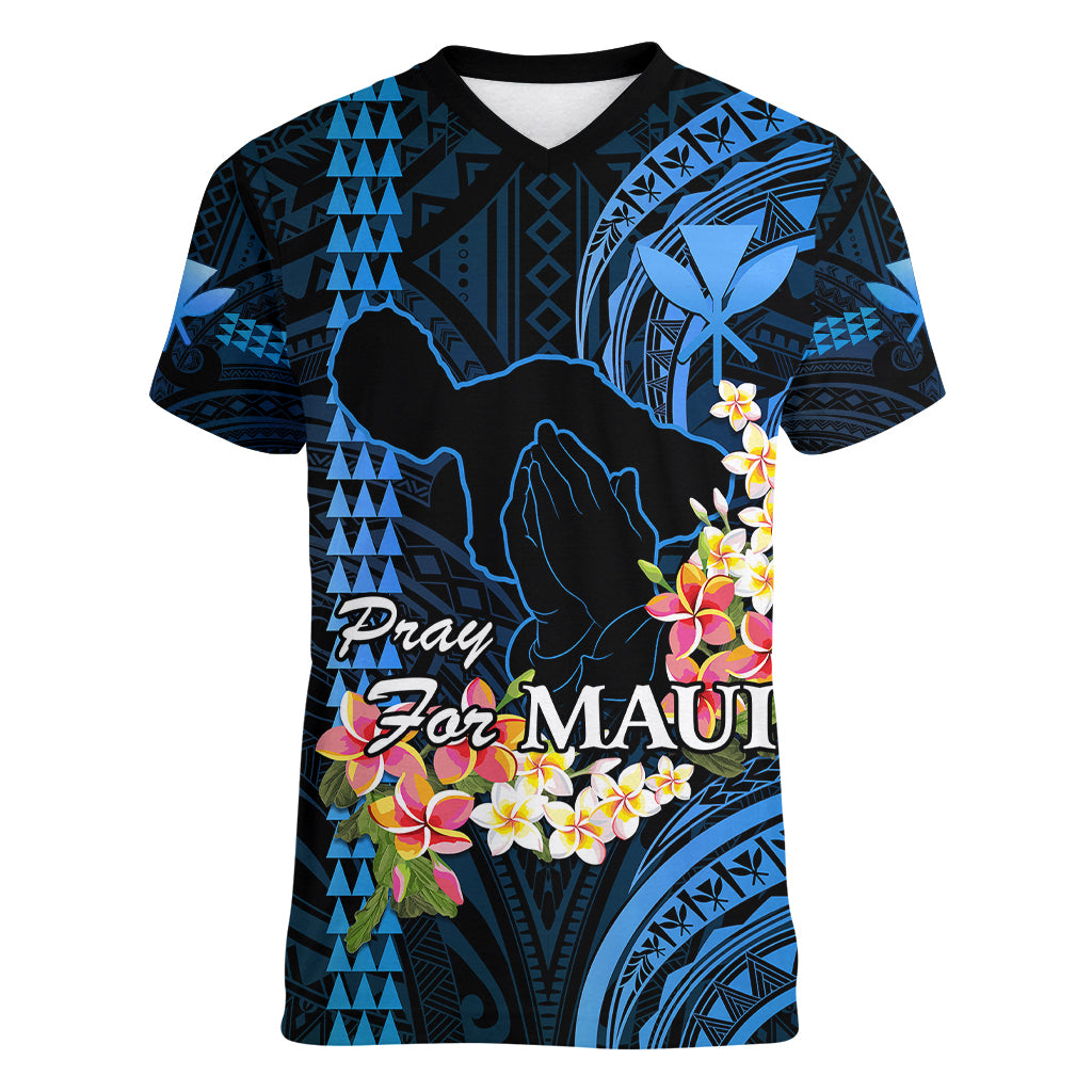 Hawaii Women V Neck T Shirt Pray For Maui Hawaiian Plumeria Be Strong Blue Verison LT14 Female Blue - Polynesian Pride