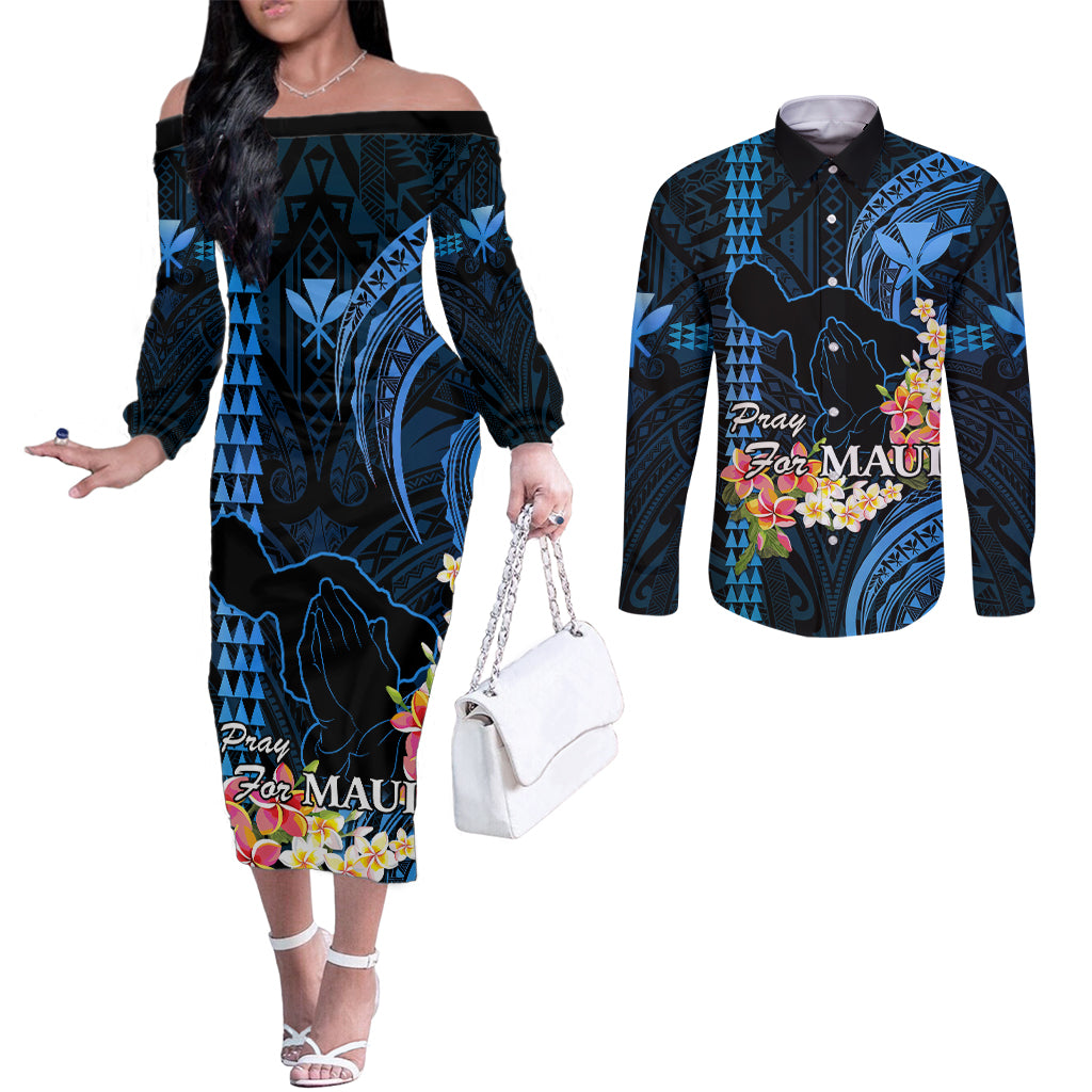 Personalised Hawaii Couples Matching Off The Shoulder Long Sleeve Dress and Long Sleeve Button Shirts Pray For Maui Hawaiian Plumeria Be Strong Blue Verison LT14 Blue - Polynesian Pride