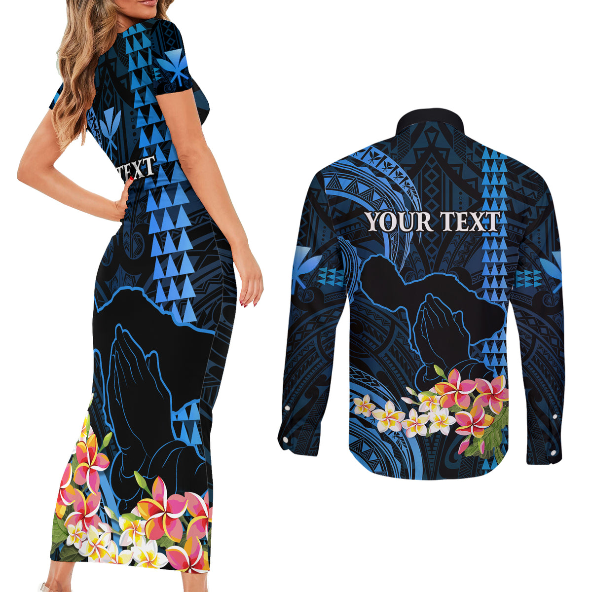 Personalised Hawaii Couples Matching Short Sleeve Bodycon Dress and Long Sleeve Button Shirts Pray For Maui Hawaiian Plumeria Be Strong Blue Verison LT14 - Polynesian Pride