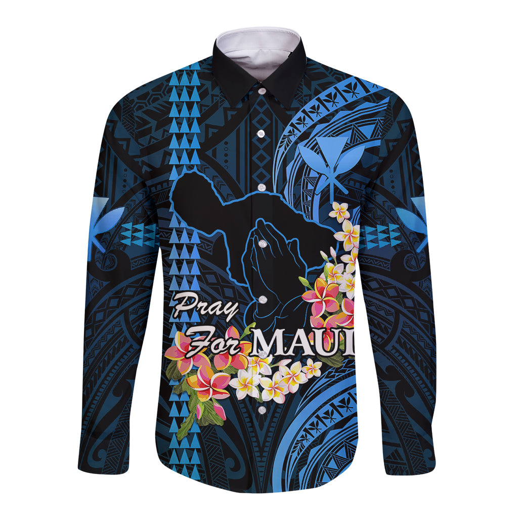 Personalised Hawaii Long Sleeve Button Shirt Pray For Maui Hawaiian Plumeria Be Strong Blue Verison LT14 Unisex Blue - Polynesian Pride