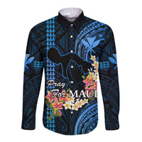 Personalised Hawaii Long Sleeve Button Shirt Pray For Maui Hawaiian Plumeria Be Strong Blue Verison LT14 Unisex Blue - Polynesian Pride