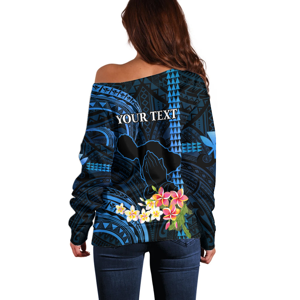 Personalised Hawaii Off Shoulder Sweater Pray For Maui Hawaiian Plumeria Be Strong Blue Verison LT14 - Polynesian Pride