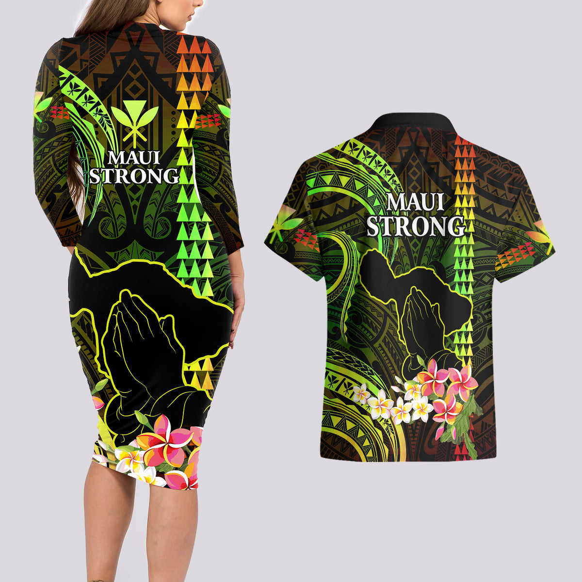 Hawaii Couples Matching Long Sleeve Bodycon Dress and Hawaiian Shirt Pray For Maui Hawaiian Plumeria Be Strong Reggae Verison LT14 - Polynesian Pride