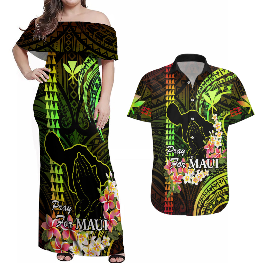 Hawaii Couples Matching Off Shoulder Maxi Dress and Hawaiian Shirt Pray For Maui Hawaiian Plumeria Be Strong Reggae Verison LT14 Reggae - Polynesian Pride