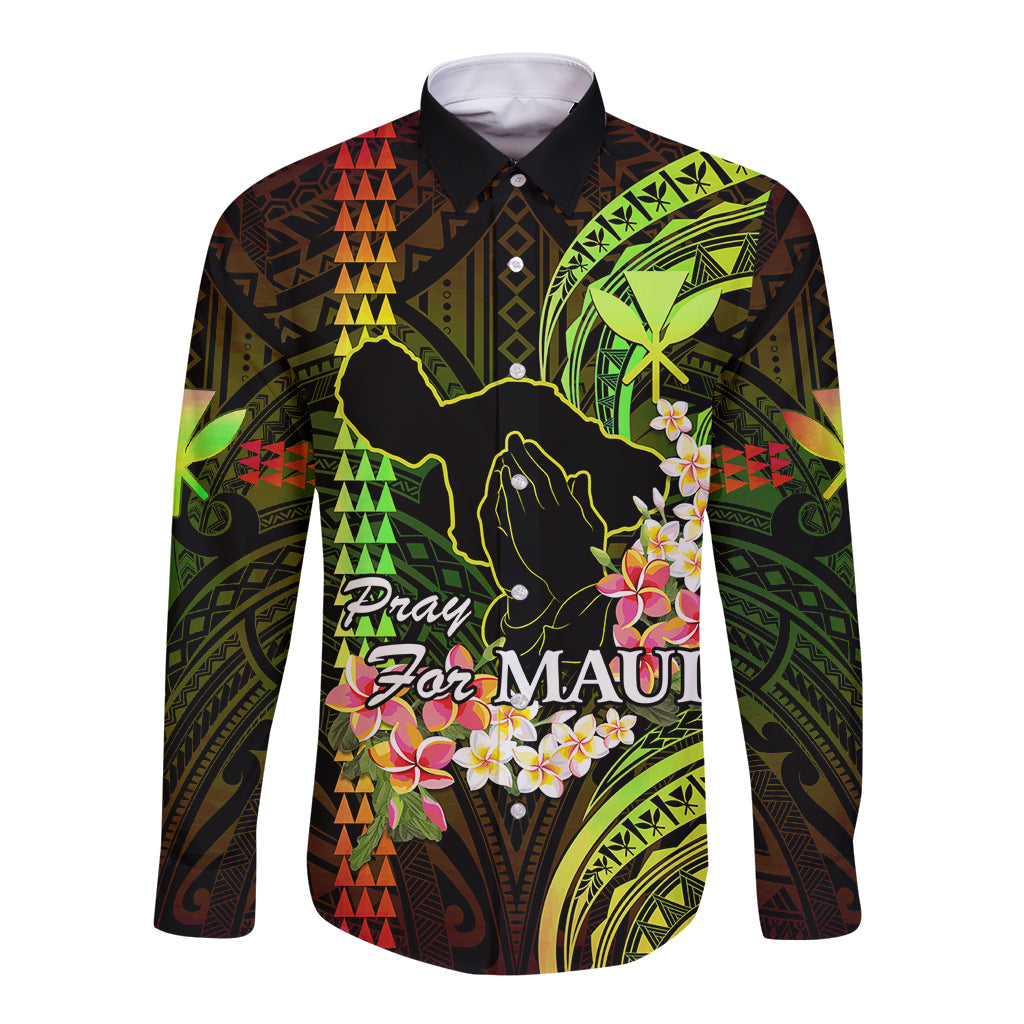 Hawaii Long Sleeve Button Shirt Pray For Maui Hawaiian Plumeria Be Strong Reggae Verison LT14 Unisex Reggae - Polynesian Pride