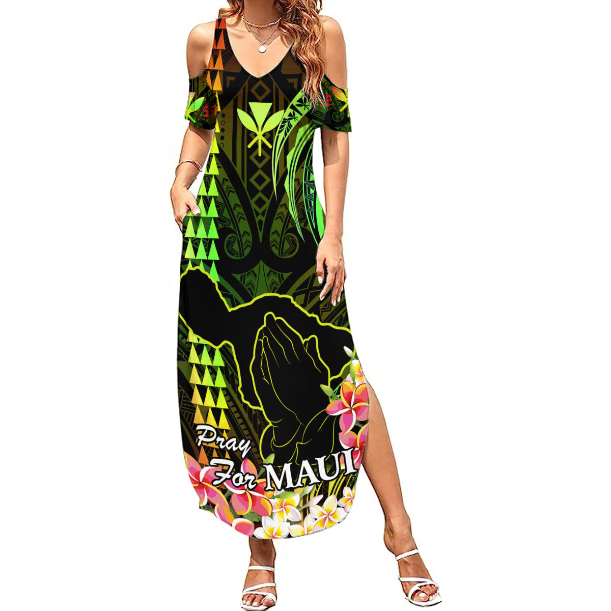 Hawaii Summer Maxi Dress Pray For Maui Hawaiian Plumeria Be Strong Reggae Verison LT14 Women Reggae - Polynesian Pride