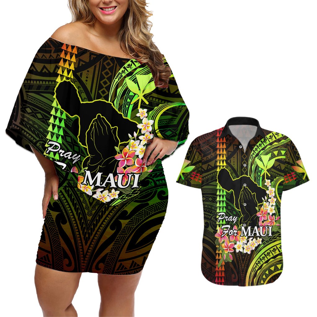Personalised Hawaii Couples Matching Off Shoulder Short Dress and Hawaiian Shirt Pray For Maui Hawaiian Plumeria Be Strong Reggae Verison LT14 Reggae - Polynesian Pride