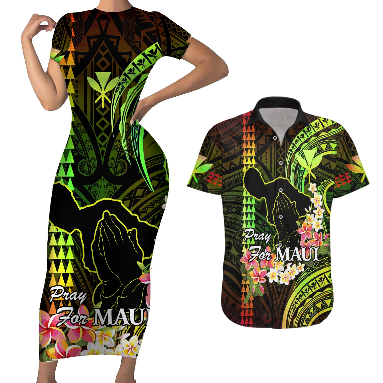 Personalised Hawaii Couples Matching Short Sleeve Bodycon Dress and Hawaiian Shirt Pray For Maui Hawaiian Plumeria Be Strong Reggae Verison LT14 Reggae - Polynesian Pride