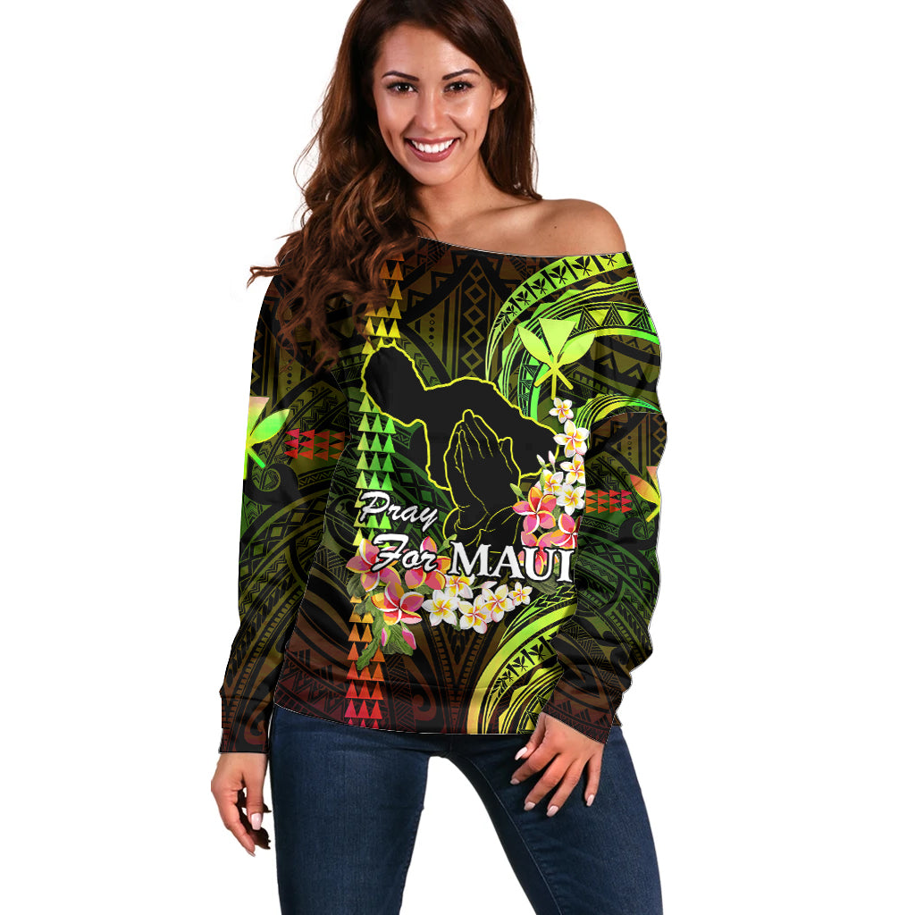 Personalised Hawaii Off Shoulder Sweater Pray For Maui Hawaiian Plumeria Be Strong Reggae Verison LT14 Women Reggae - Polynesian Pride