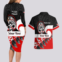 Personalised Te Reo Maori New Zealand Couples Matching Long Sleeve Bodycon Dress and Hawaiian Shirt Kia Haka Maori Fern With Tino Rangatiratanga LT14 - Polynesian Pride