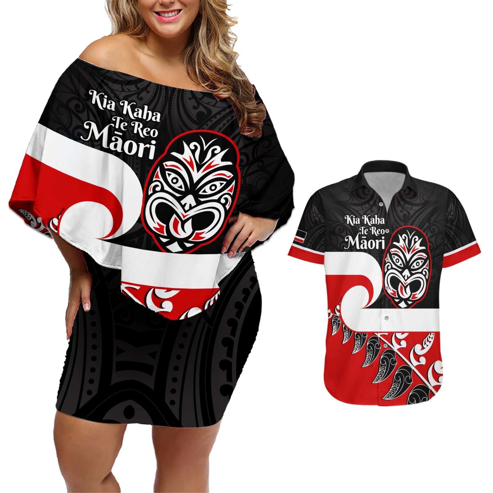 Personalised Te Reo Maori New Zealand Couples Matching Off Shoulder Short Dress and Hawaiian Shirt Kia Haka Maori Fern With Tino Rangatiratanga LT14 Red - Polynesian Pride