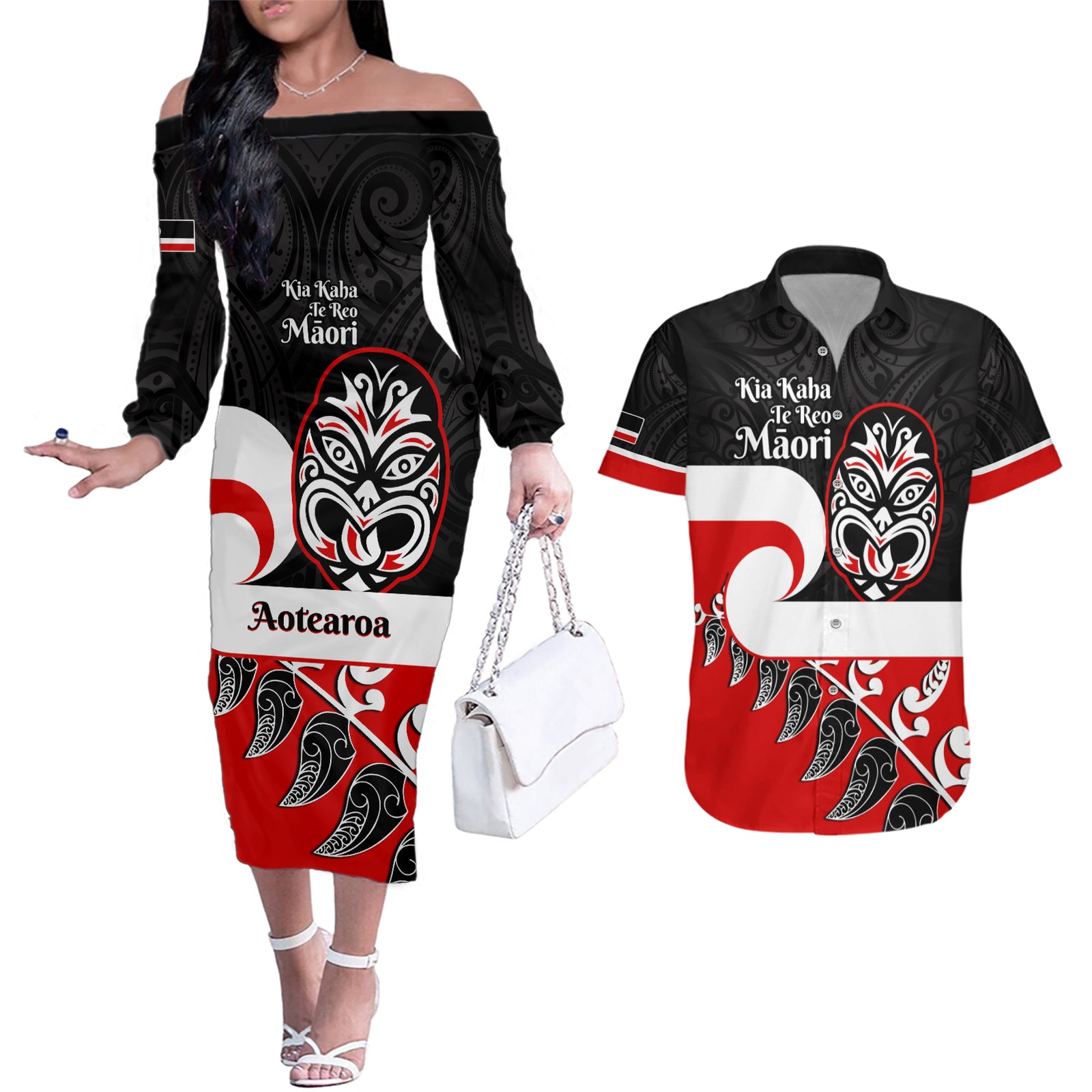 Personalised Te Reo Maori New Zealand Couples Matching Off The Shoulder Long Sleeve Dress and Hawaiian Shirt Kia Haka Maori Fern With Tino Rangatiratanga LT14 Red - Polynesian Pride