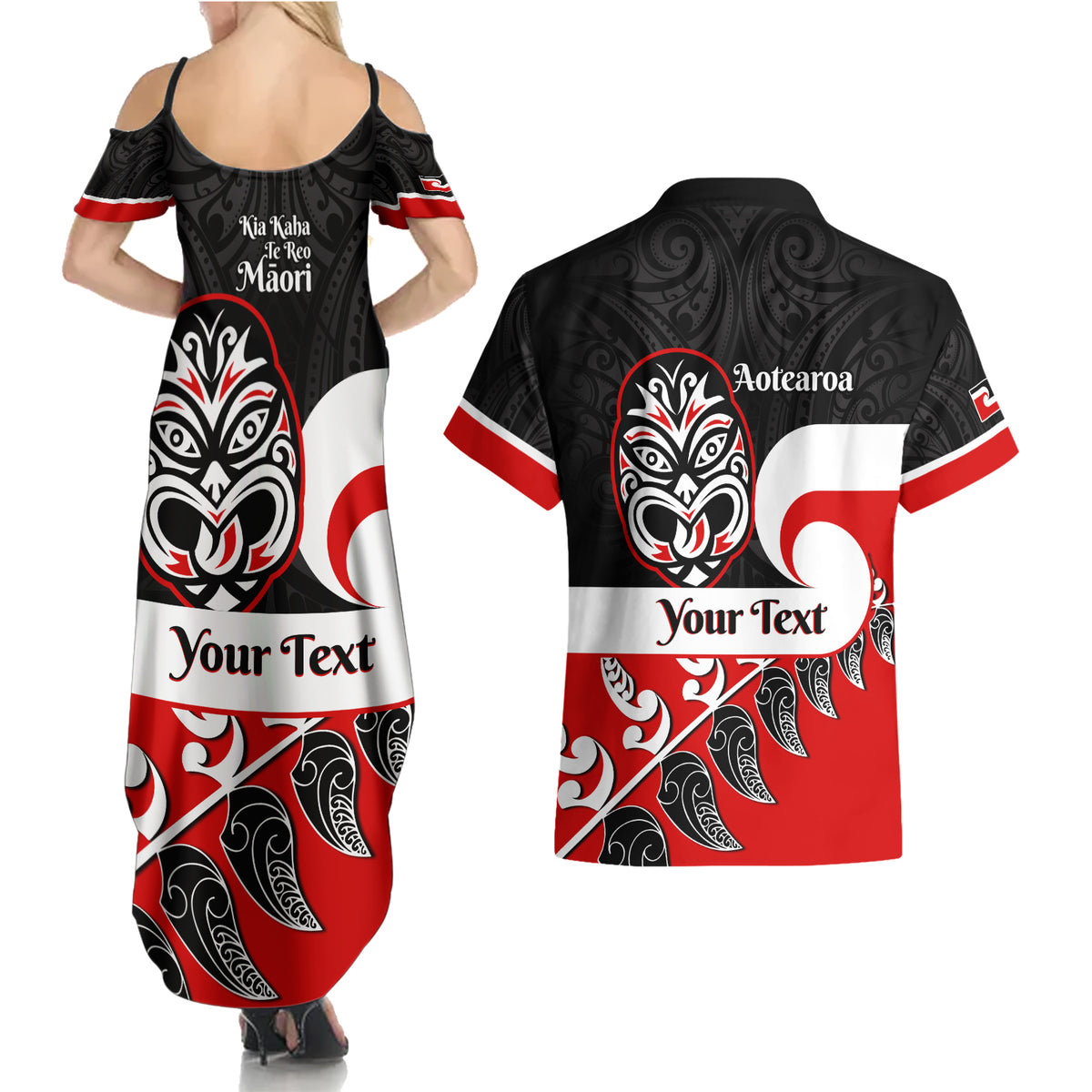 Personalised Te Reo Maori New Zealand Couples Matching Summer Maxi Dress and Hawaiian Shirt Kia Haka Maori Fern With Tino Rangatiratanga LT14 - Polynesian Pride