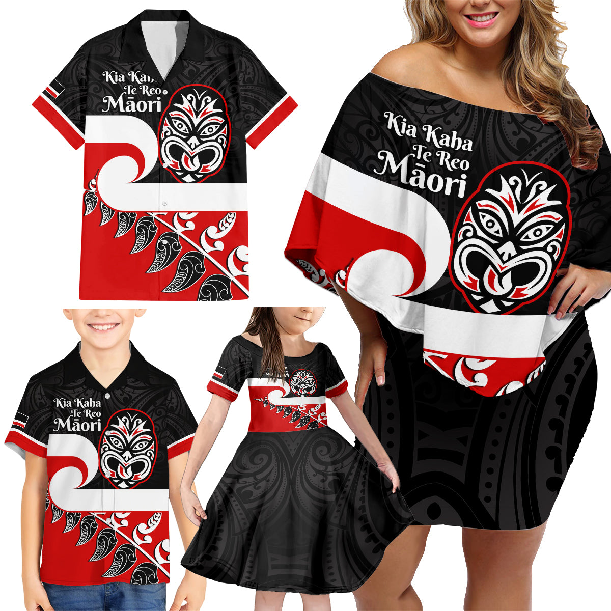 Personalised Te Reo Maori New Zealand Family Matching Off Shoulder Short Dress and Hawaiian Shirt Kia Haka Maori Fern With Tino Rangatiratanga LT14 - Polynesian Pride