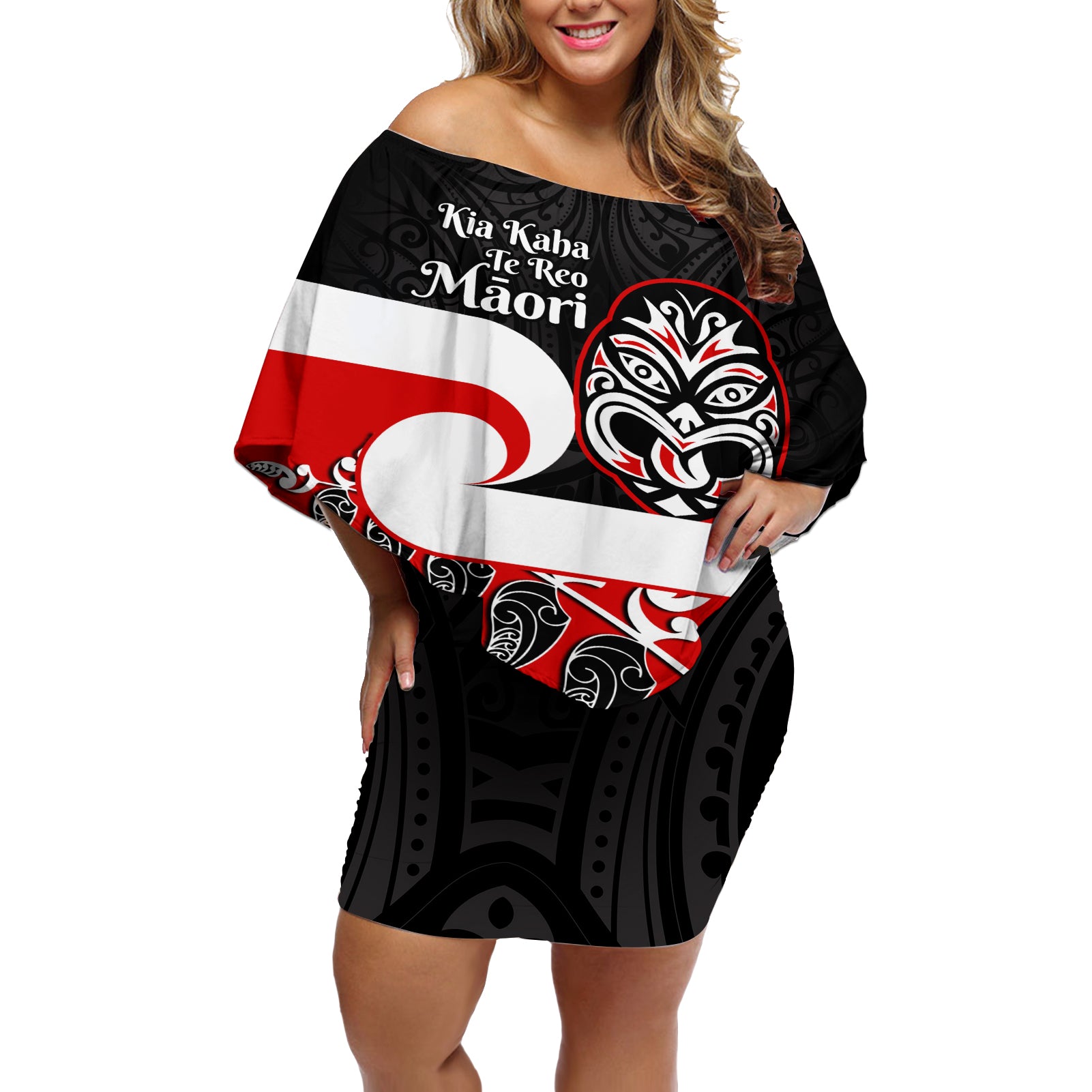 Personalised Te Reo Maori New Zealand Off Shoulder Short Dress Kia Haka Maori Fern With Tino Rangatiratanga LT14 Women Red - Polynesian Pride