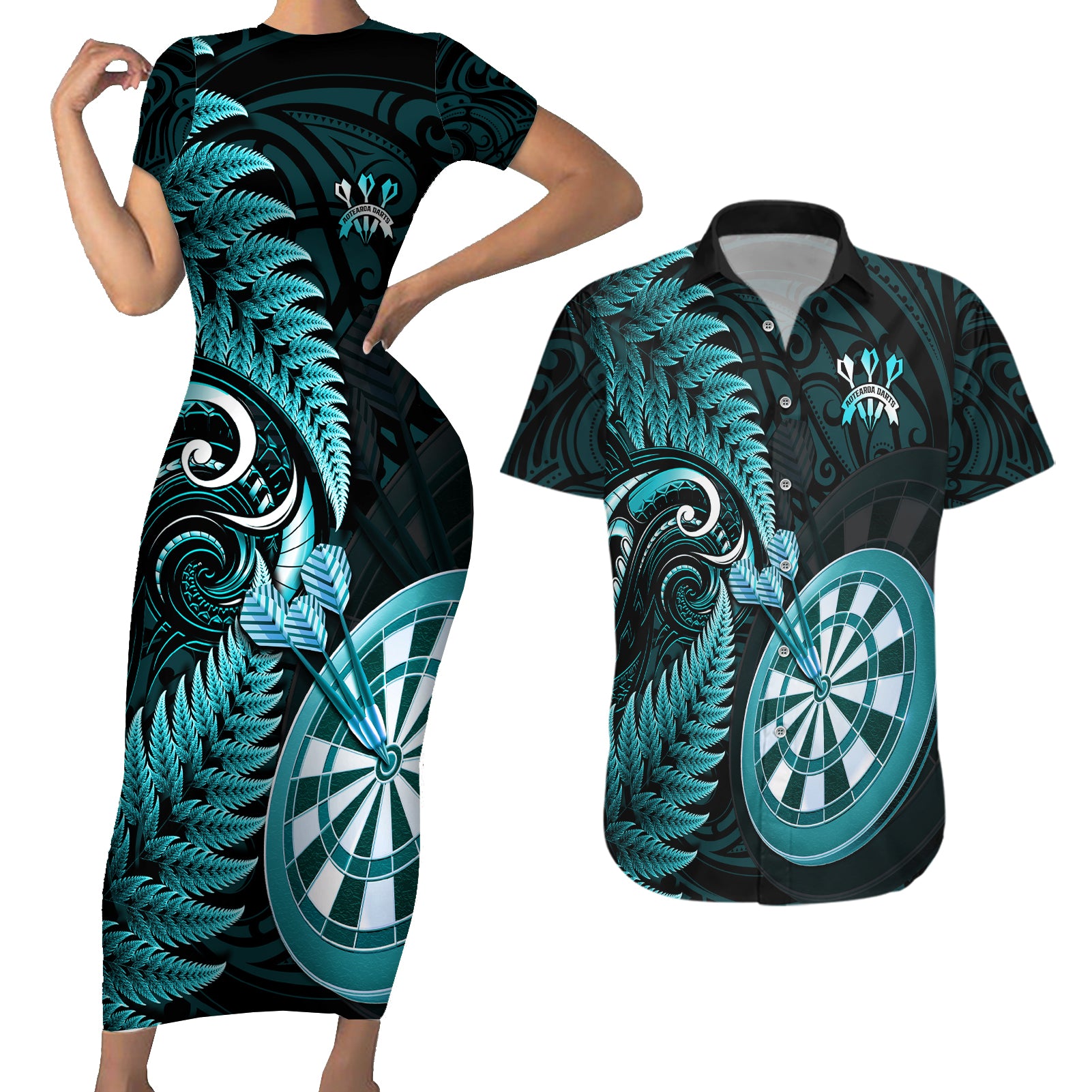 new-zealand-darts-couples-matching-short-sleeve-bodycon-dress-and-hawaiian-shirt-happiness-is-a-tight-threesome-maori-turquoise