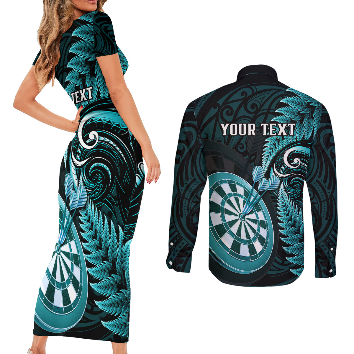 personalised-new-zealand-darts-couples-matching-short-sleeve-bodycon-dress-and-long-sleeve-button-shirts-happiness-is-a-tight-threesome-maori-turquoise