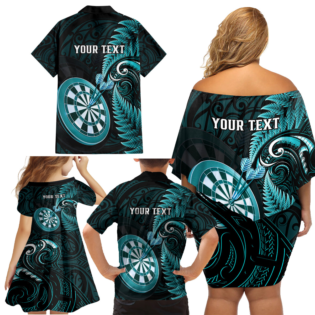 personalised-new-zealand-darts-family-matching-off-shoulder-short-dress-and-hawaiian-shirt-happiness-is-a-tight-threesome-maori-turquoise