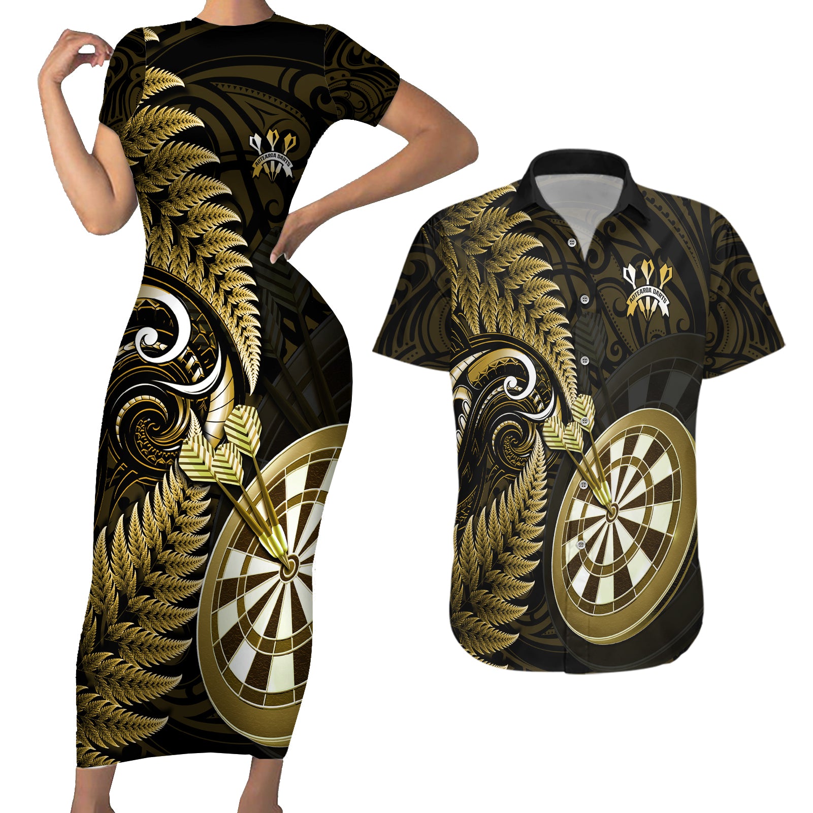 Personalised New Zealand Darts Couples Matching Short Sleeve Bodycon Dress and Hawaiian Shirt Happiness Is A Tight Threesome Maori Gold LT14 Gold - Polynesian Pride