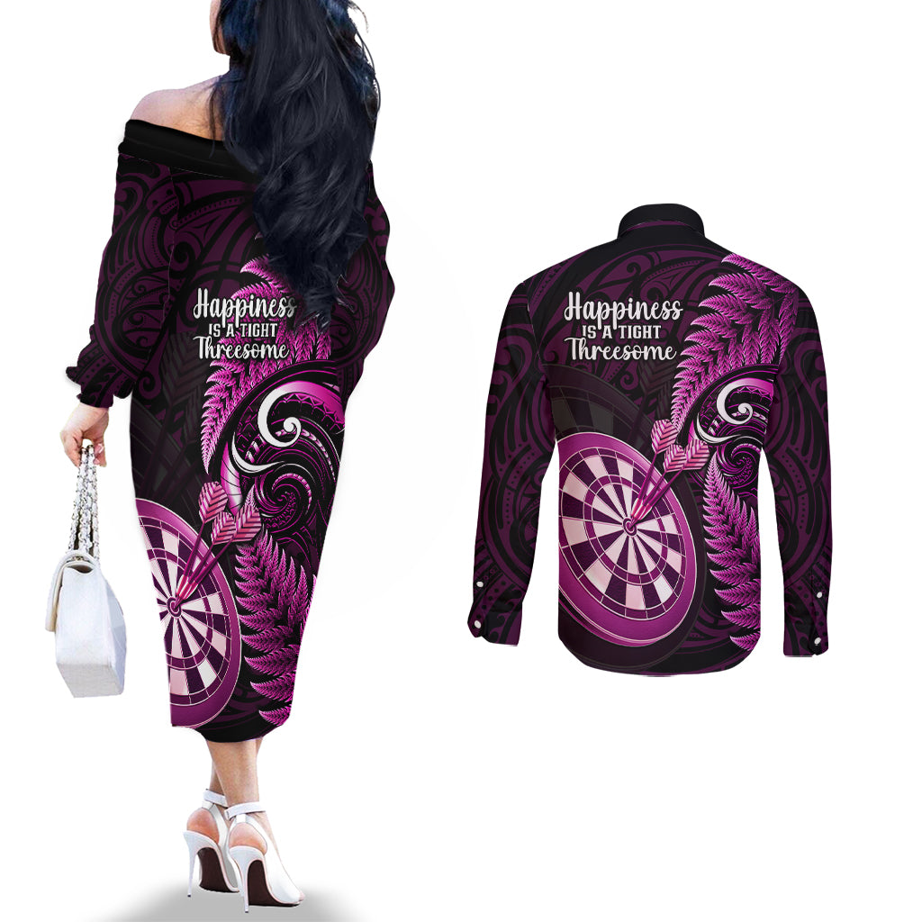New Zealand Darts Couples Matching Off The Shoulder Long Sleeve Dress and Long Sleeve Button Shirts Happiness Is A Tight Threesome Maori Pink LT14 - Polynesian Pride