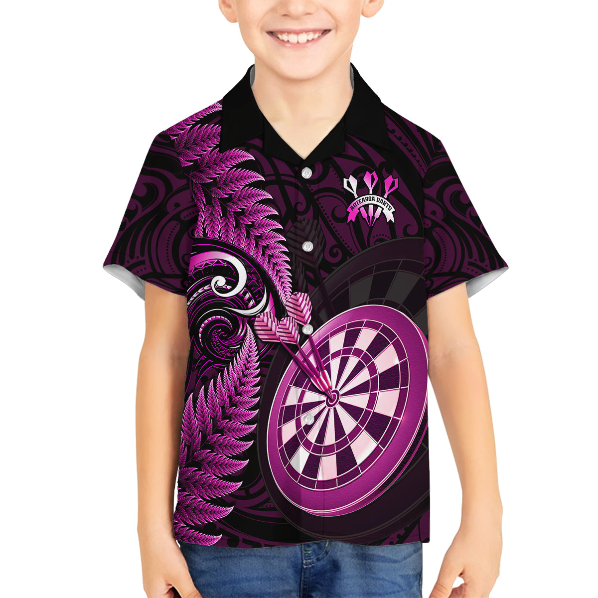 New Zealand Darts Family Matching Summer Maxi Dress and Hawaiian Shirt Happiness Is A Tight Threesome Maori Pink LT14 Son's Shirt Pink - Polynesian Pride