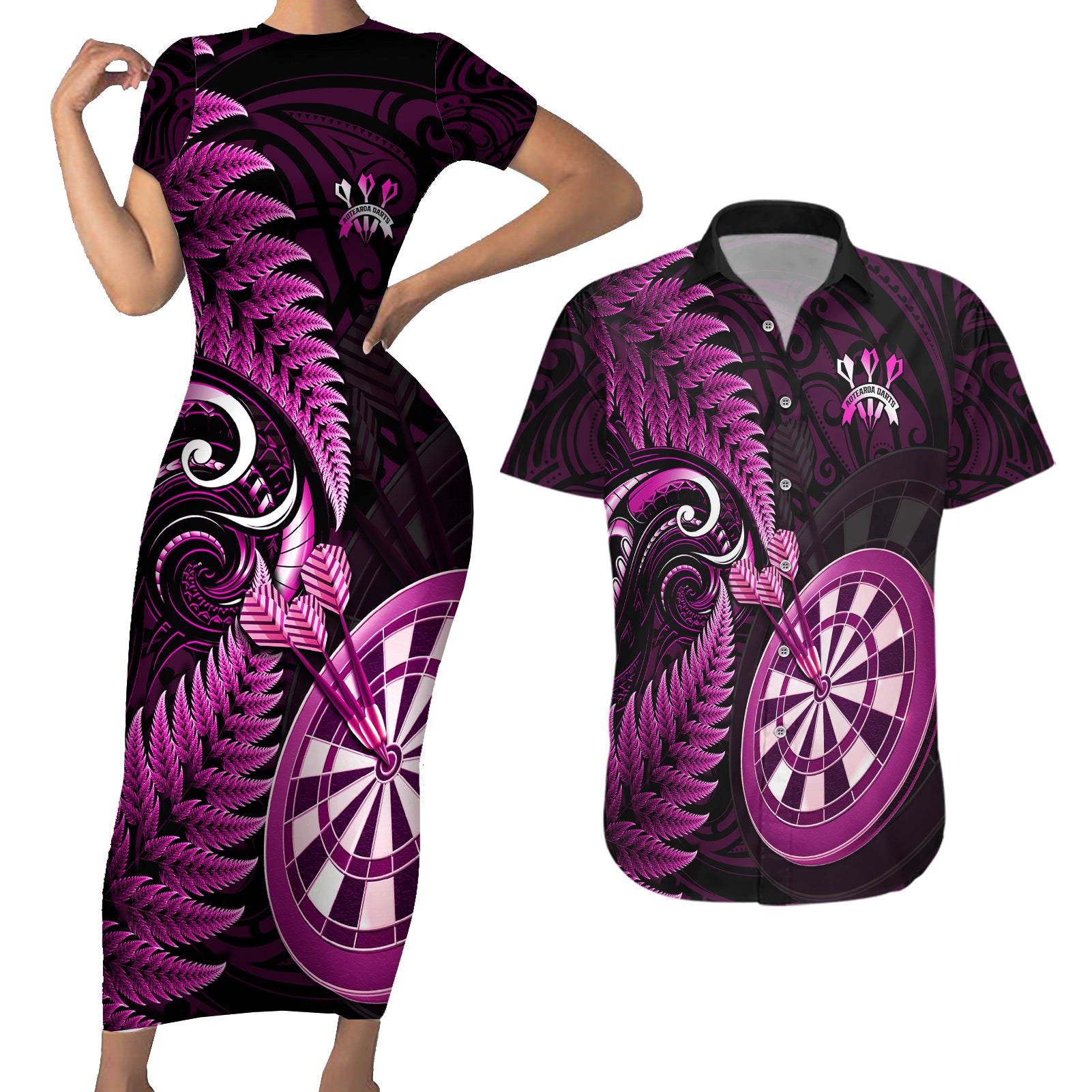 Personalised New Zealand Darts Couples Matching Short Sleeve Bodycon Dress and Hawaiian Shirt Happiness Is A Tight Threesome Maori Pink LT14 Pink - Polynesian Pride