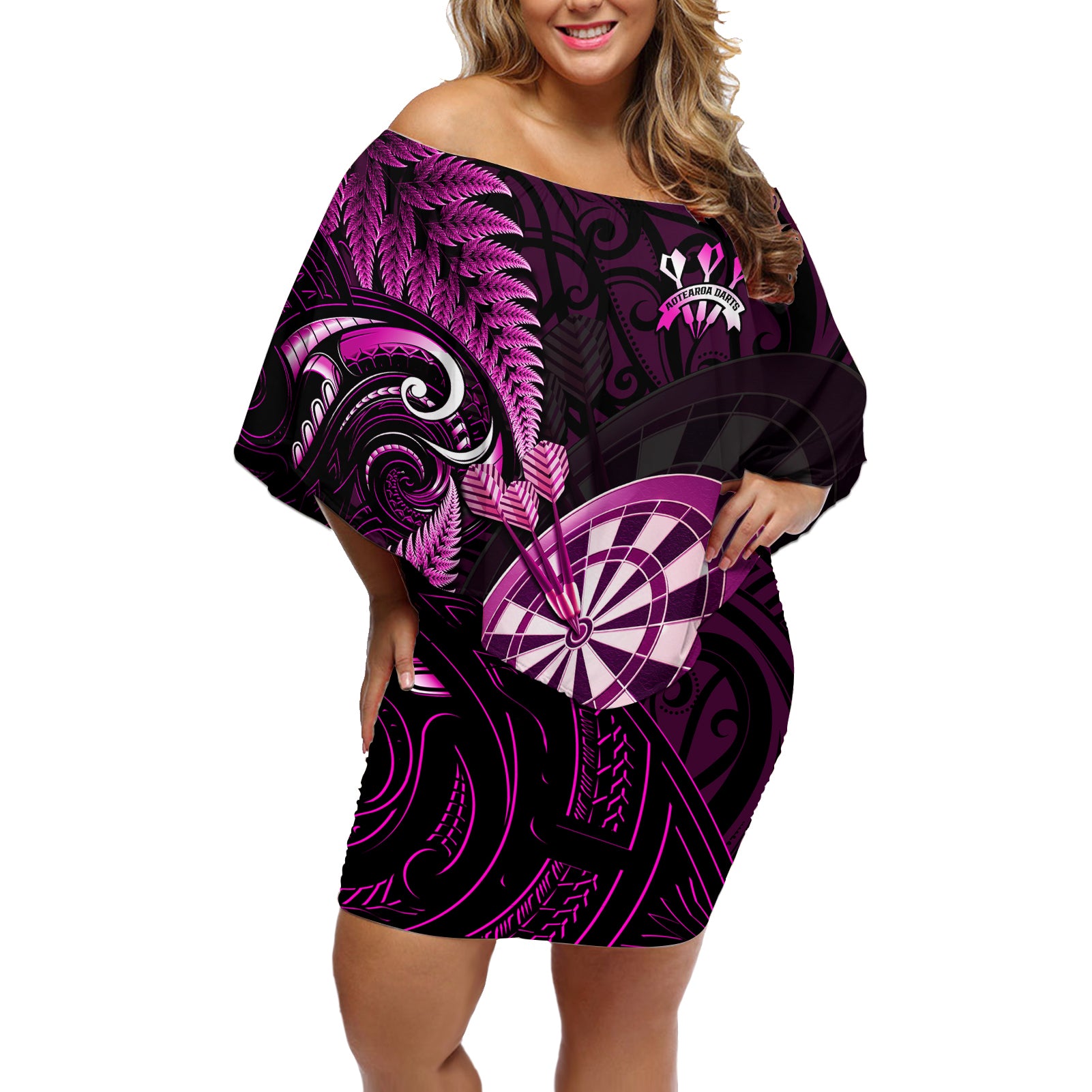 Personalised New Zealand Darts Off Shoulder Short Dress Happiness Is A Tight Threesome Maori Pink LT14 Women Pink - Polynesian Pride