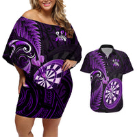 New Zealand Darts Couples Matching Off Shoulder Short Dress and Hawaiian Shirt Happiness Is A Tight Threesome Maori Purple LT14 Purple - Polynesian Pride