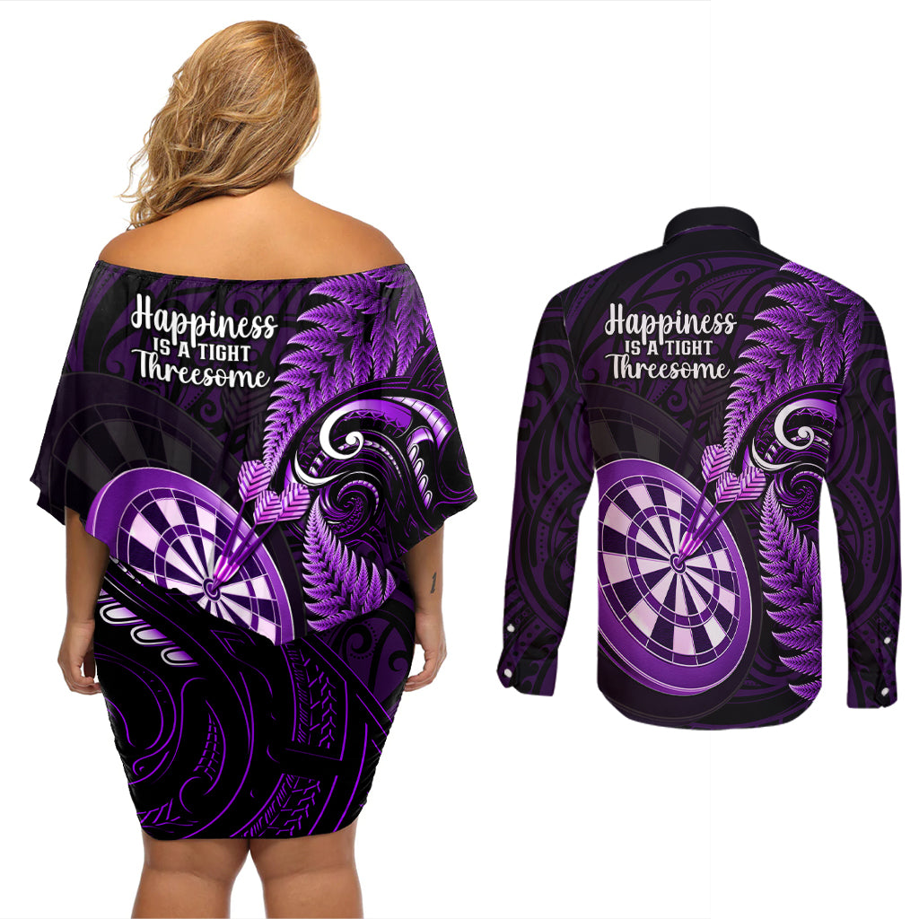 New Zealand Darts Couples Matching Off Shoulder Short Dress and Long Sleeve Button Shirts Happiness Is A Tight Threesome Maori Purple LT14 - Polynesian Pride
