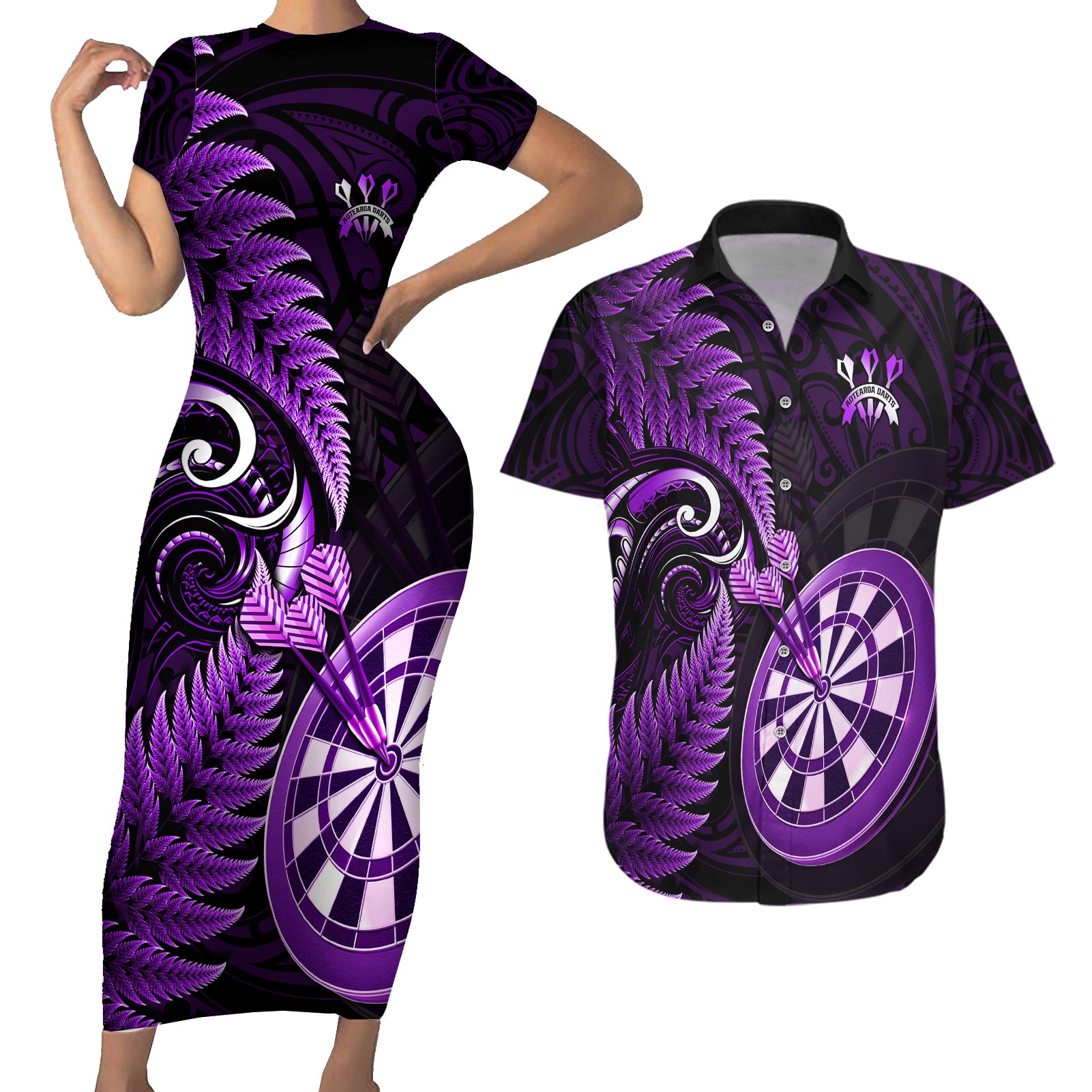 Personalised New Zealand Darts Couples Matching Short Sleeve Bodycon Dress and Hawaiian Shirt Happiness Is A Tight Threesome Maori Purple LT14 Purple - Polynesian Pride