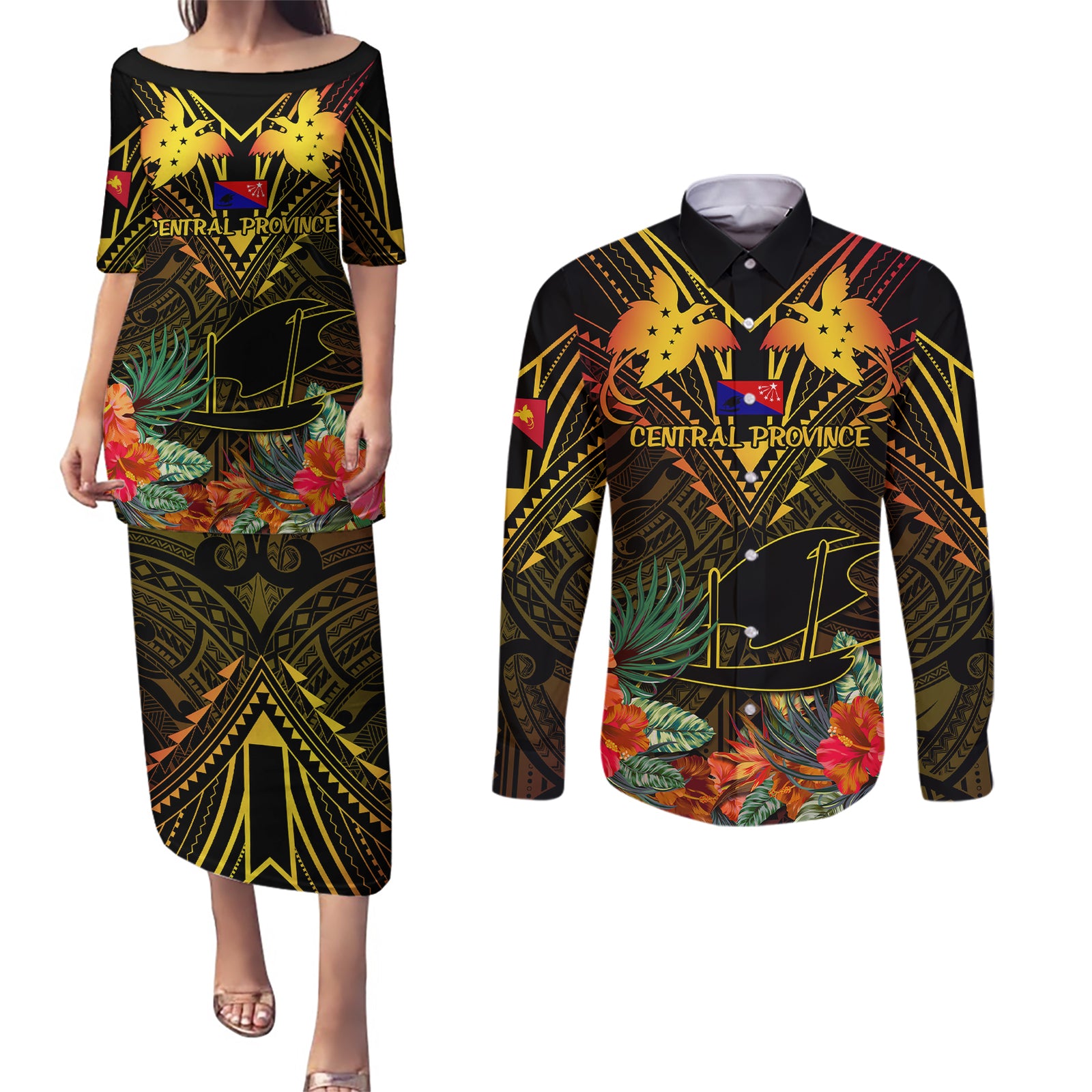 Papua New Guinea Central Province Couples Matching Puletasi Dress and Long Sleeve Button Shirts Papua Niugini Coat Of Arms With Flag Style LT14 Black - Polynesian Pride