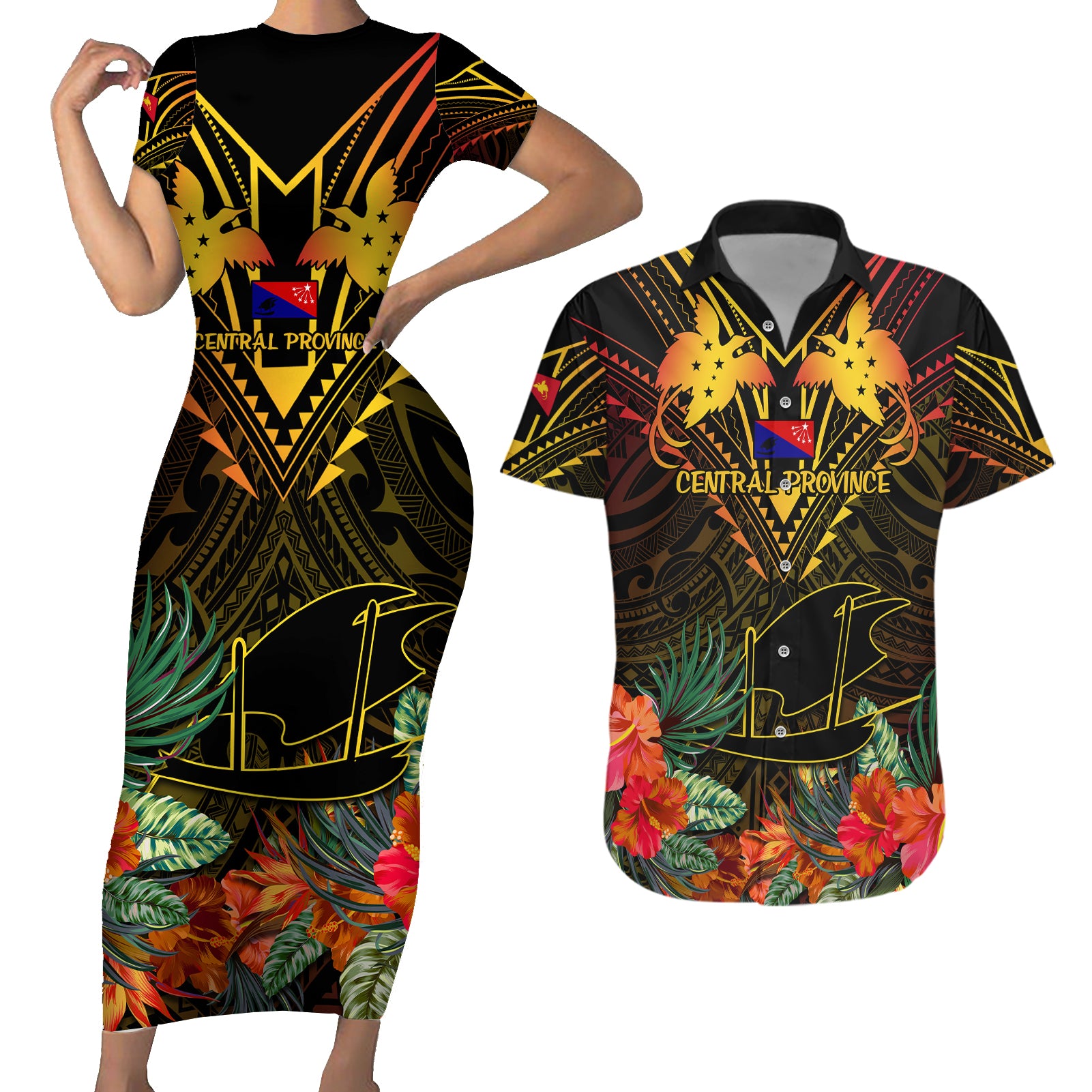 Papua New Guinea Central Province Couples Matching Short Sleeve Bodycon Dress and Hawaiian Shirt Papua Niugini Coat Of Arms With Flag Style LT14 Black - Polynesian Pride