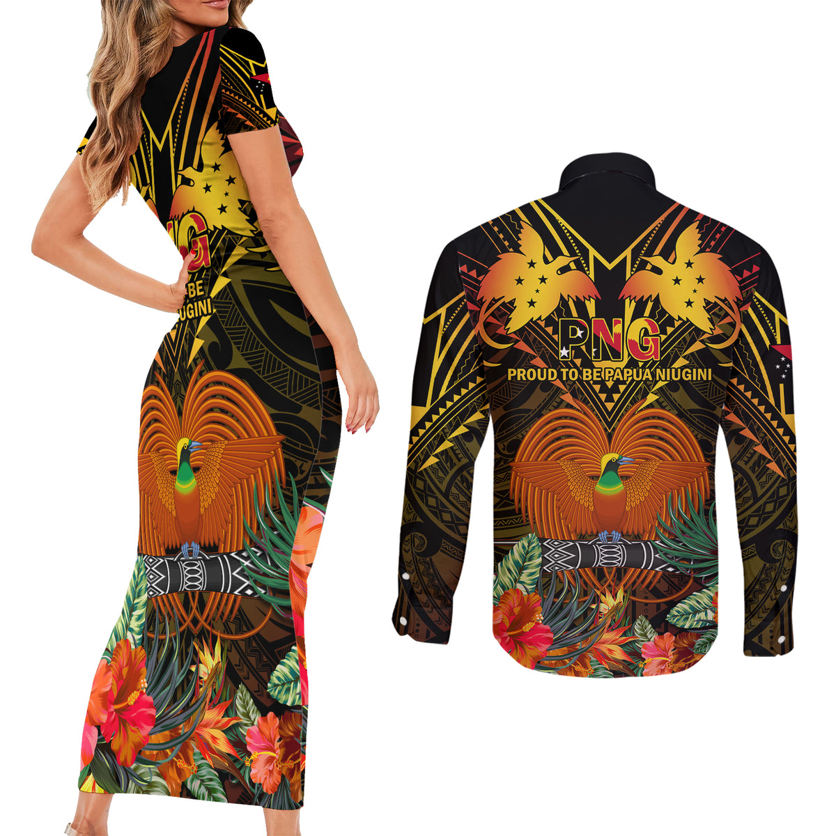 Papua New Guinea Central Province Couples Matching Short Sleeve Bodycon Dress and Long Sleeve Button Shirts Papua Niugini Coat Of Arms With Flag Style LT14 - Polynesian Pride