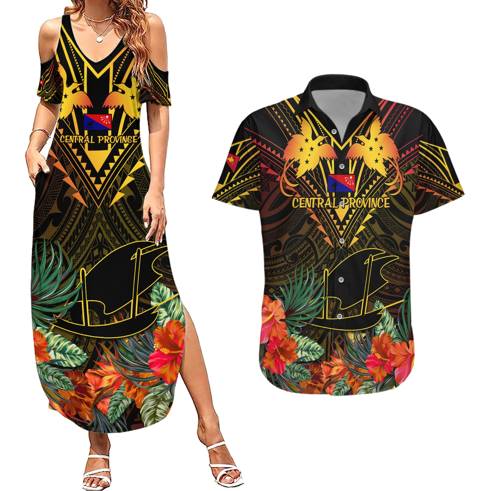 Papua New Guinea Central Province Couples Matching Summer Maxi Dress and Hawaiian Shirt Papua Niugini Coat Of Arms With Flag Style LT14 Black - Polynesian Pride