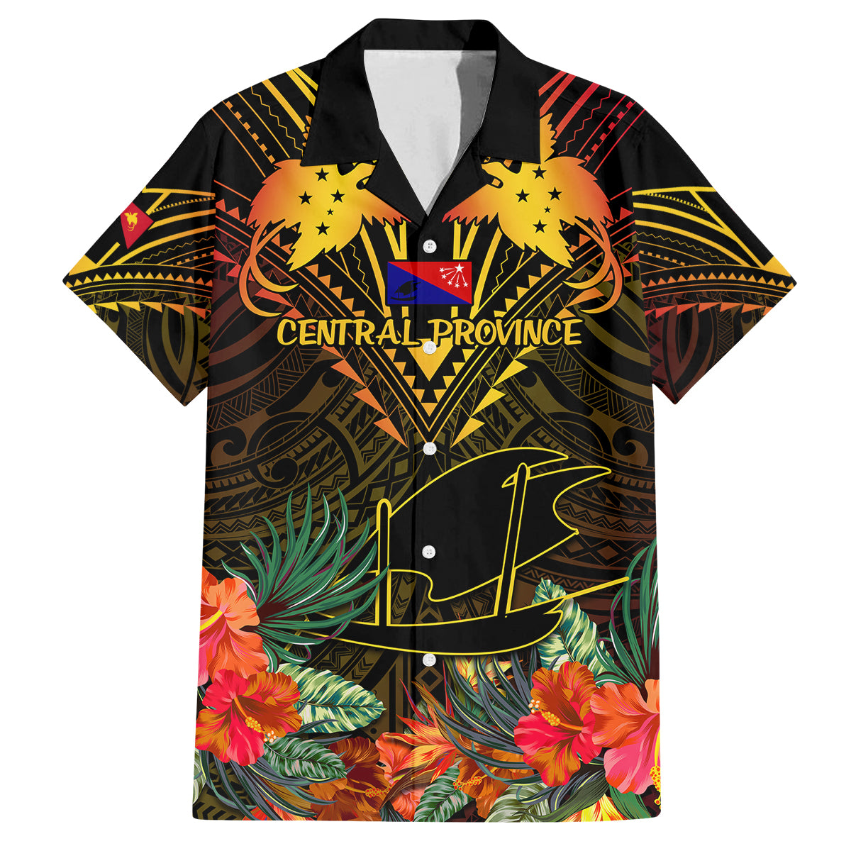 Papua New Guinea Central Province Family Matching Off Shoulder Short Dress and Hawaiian Shirt Papua Niugini Coat Of Arms With Flag Style LT14 Dad's Shirt - Short Sleeve Black - Polynesian Pride