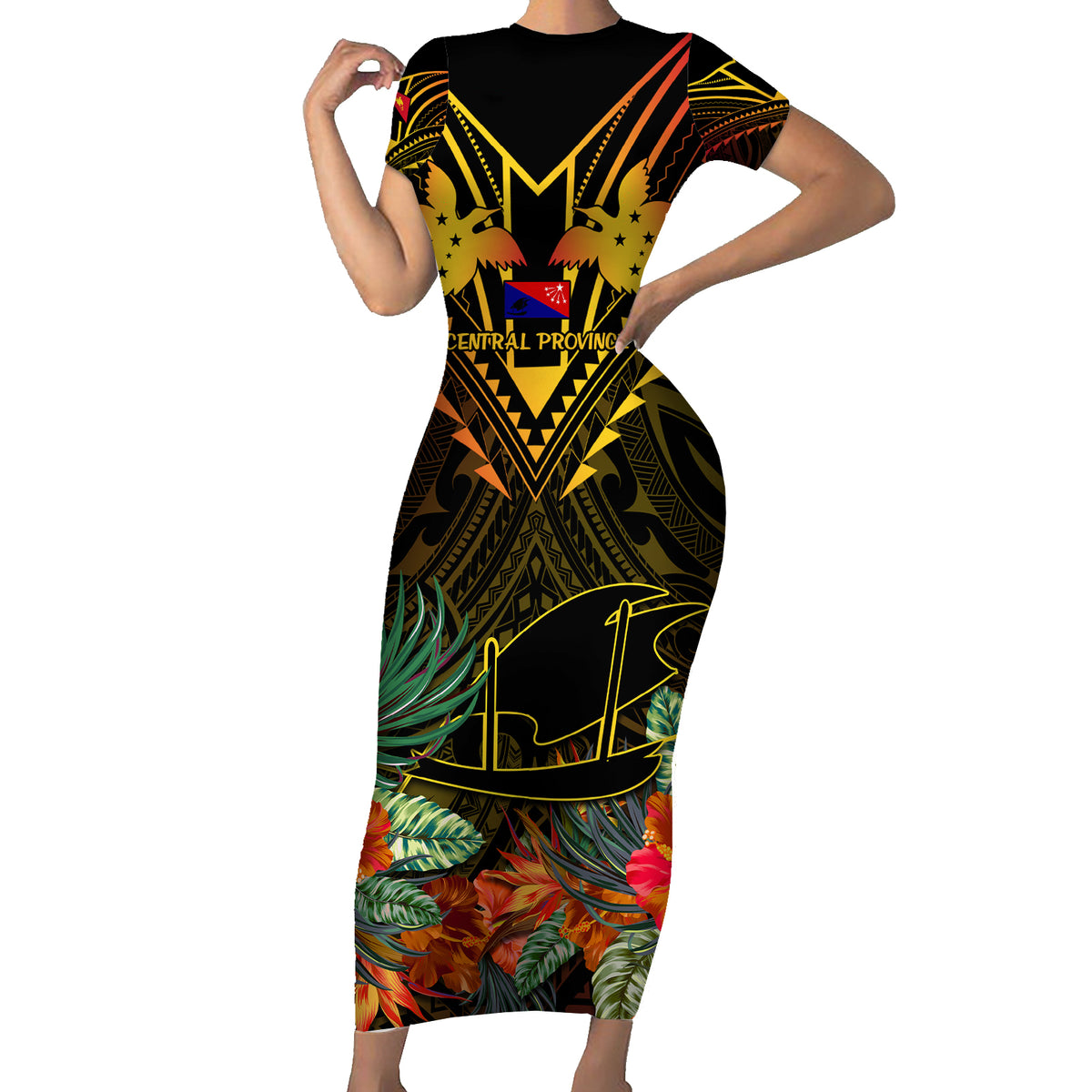 Papua New Guinea Central Province Family Matching Short Sleeve Bodycon Dress and Hawaiian Shirt Papua Niugini Coat Of Arms With Flag Style LT14 Mom's Dress Black - Polynesian Pride