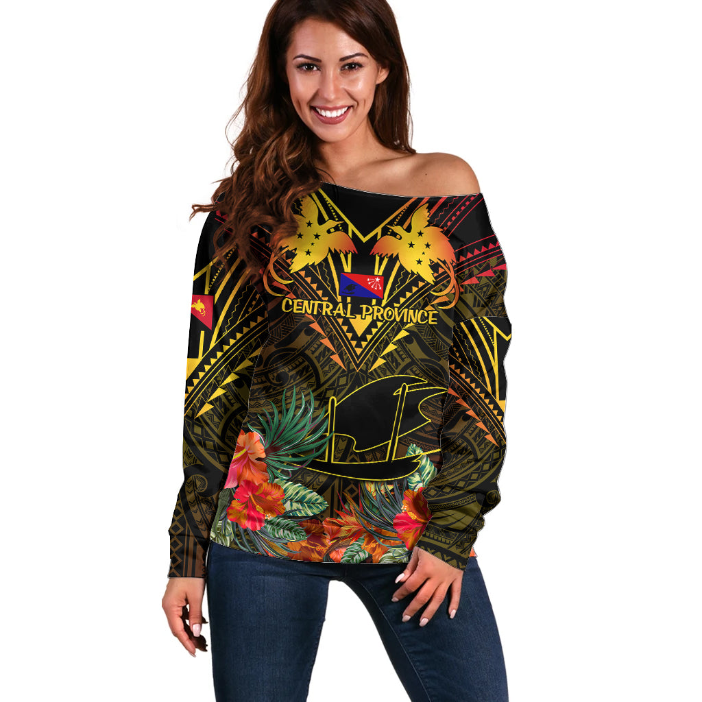 Papua New Guinea Central Province Off Shoulder Sweater Papua Niugini Coat Of Arms With Flag Style LT14 Women Black - Polynesian Pride