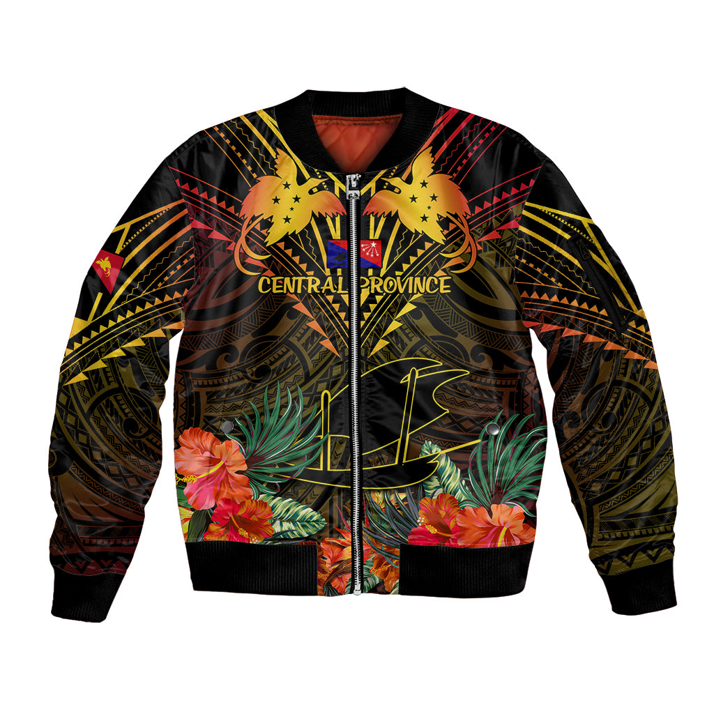 Papua New Guinea Central Province Sleeve Zip Bomber Jacket Papua Niugini Coat Of Arms With Flag Style LT14 Unisex Black - Polynesian Pride